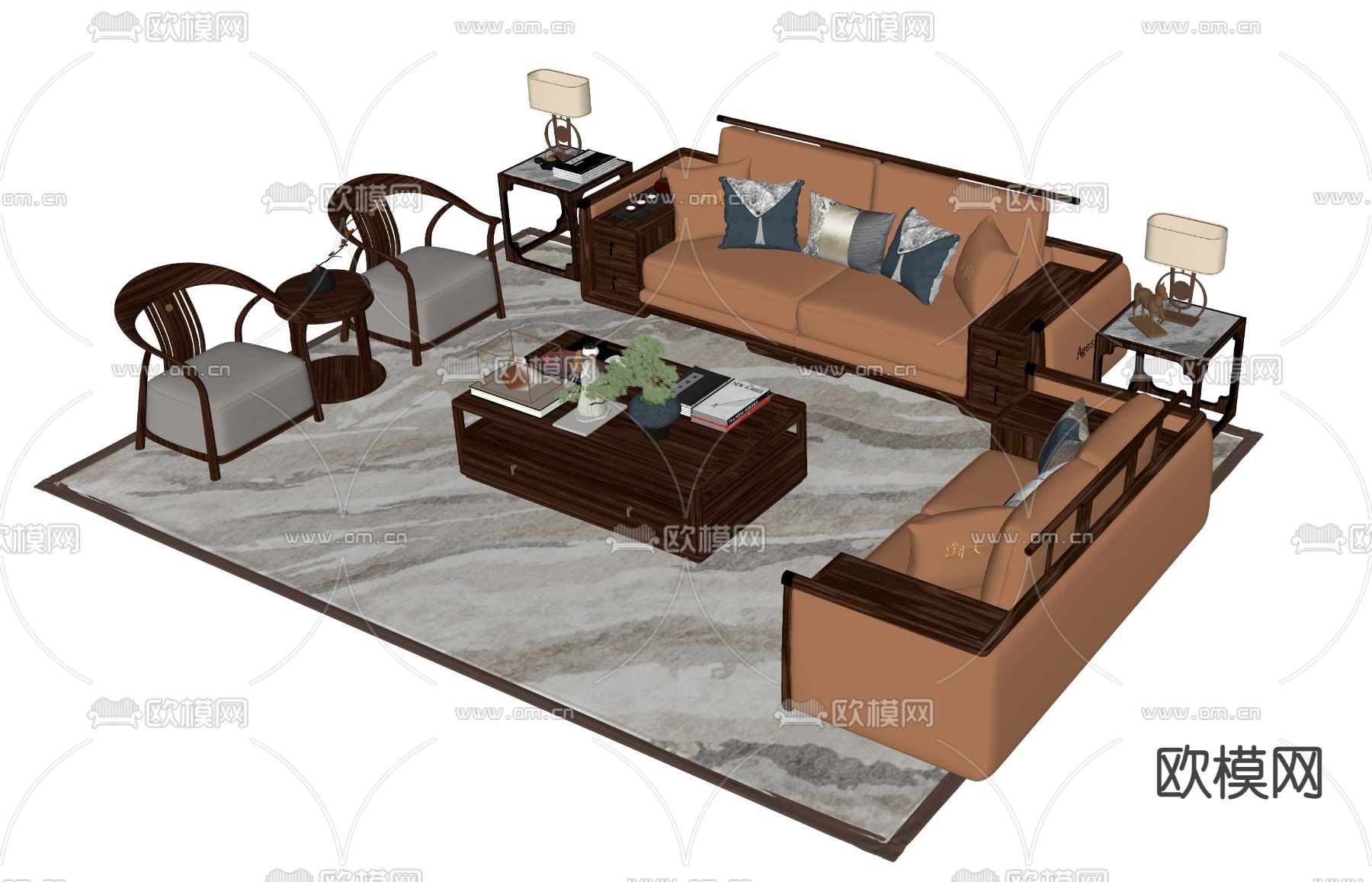 新中式沙发茶几组合su模型下载（渲染图2）