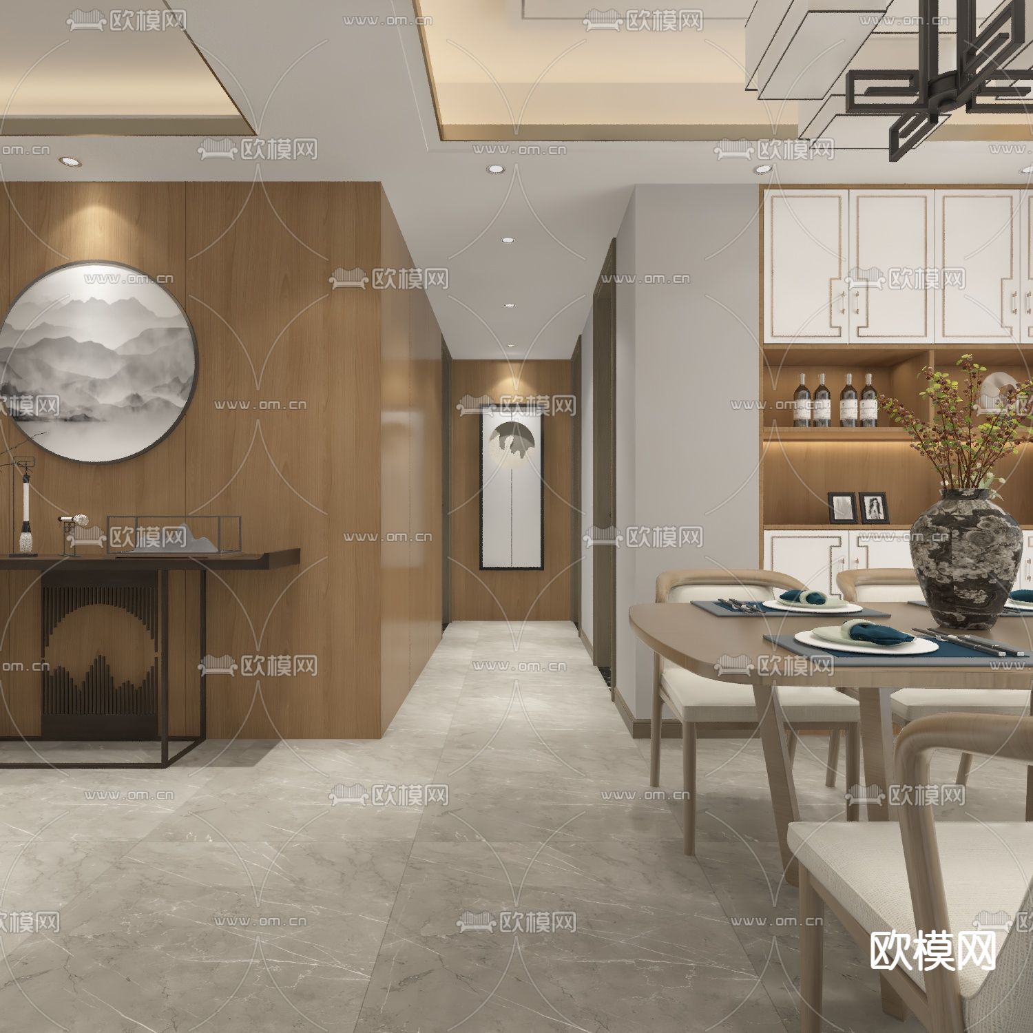 新中式客厅餐厅免费3d模型下载（渲染图2）