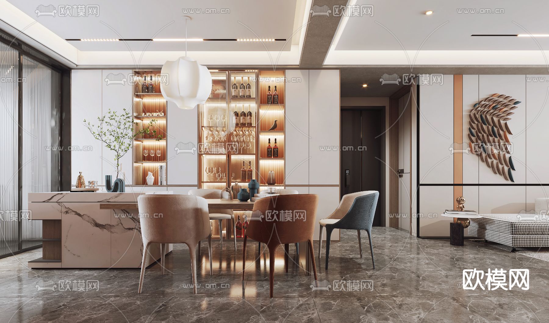 现代轻奢客厅餐厅3d模型下载（渲染图3）