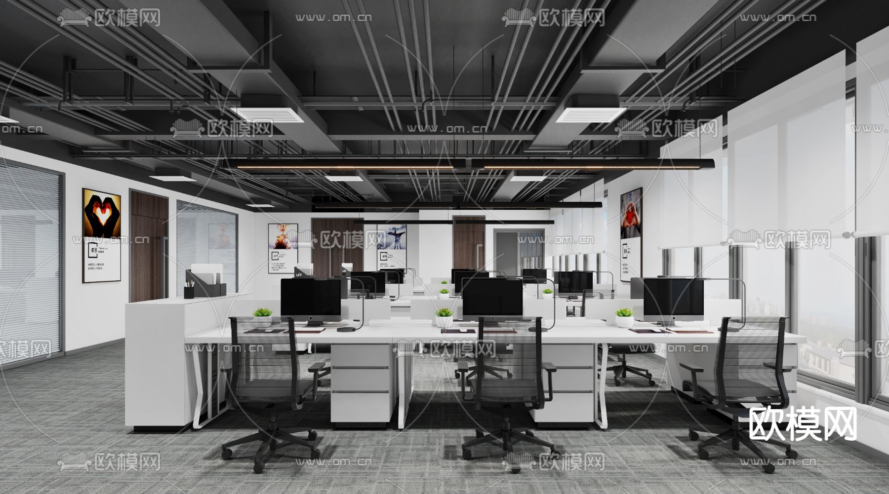 现代敞开式办公室3d模型下载（渲染图2）