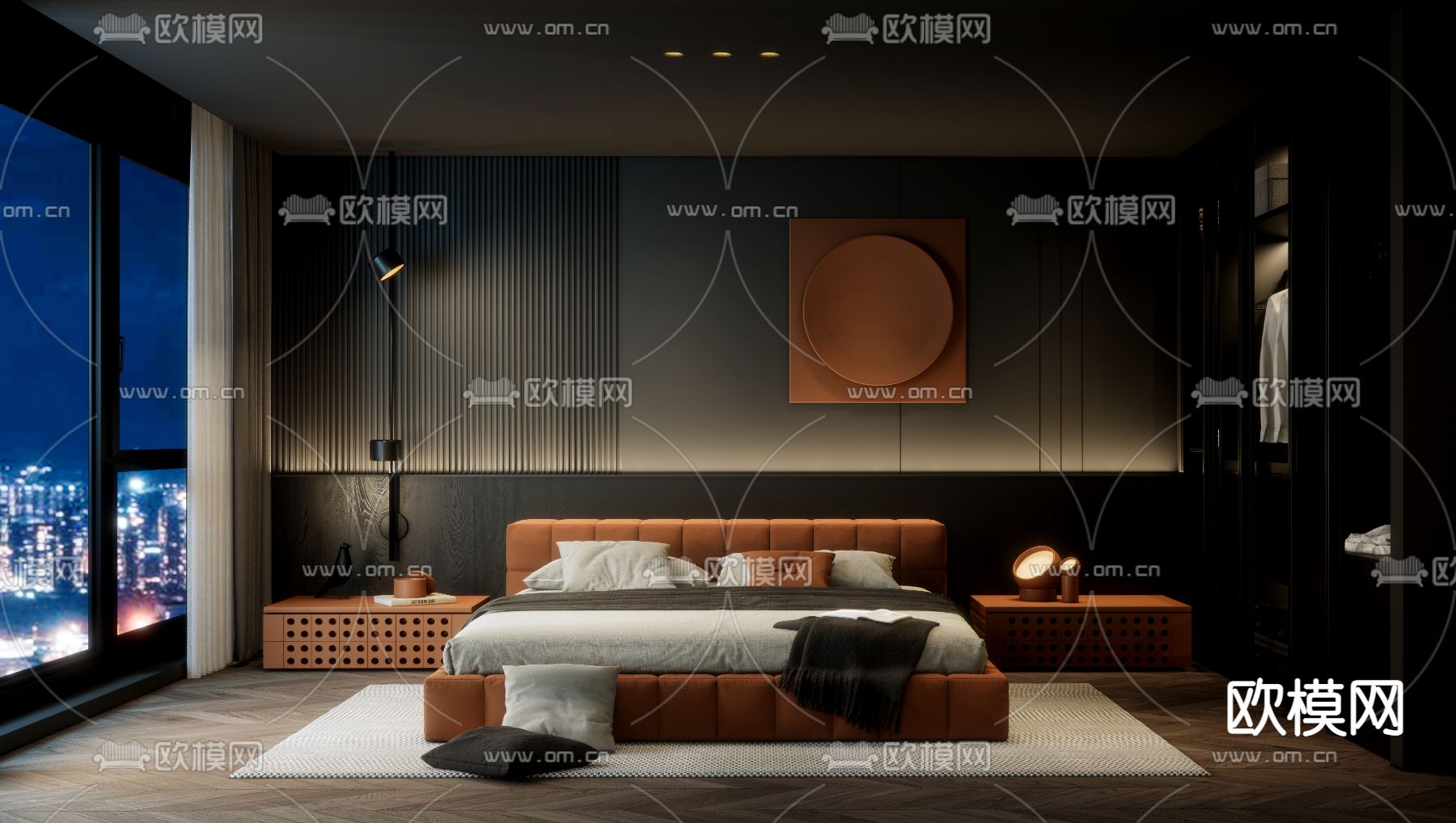 现代暗黑风卧室su模型下载（渲染图2）