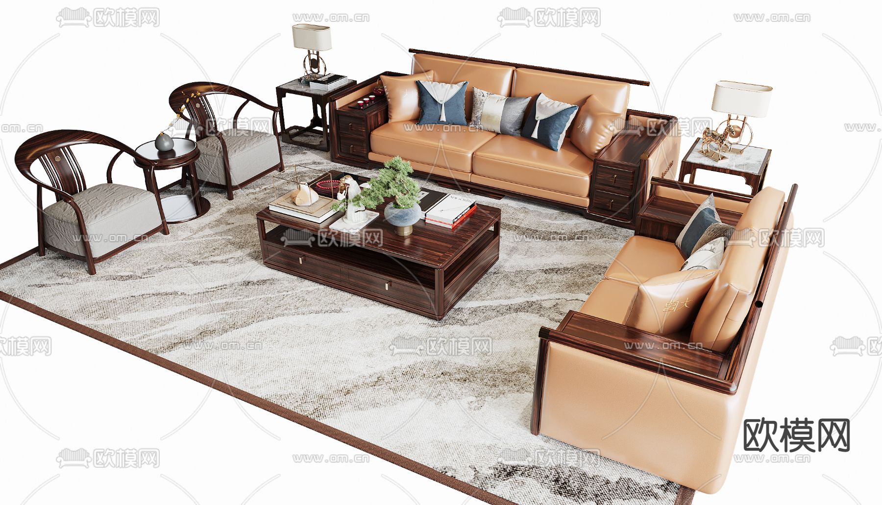 新中式沙发茶几组合su模型下载（渲染图1）