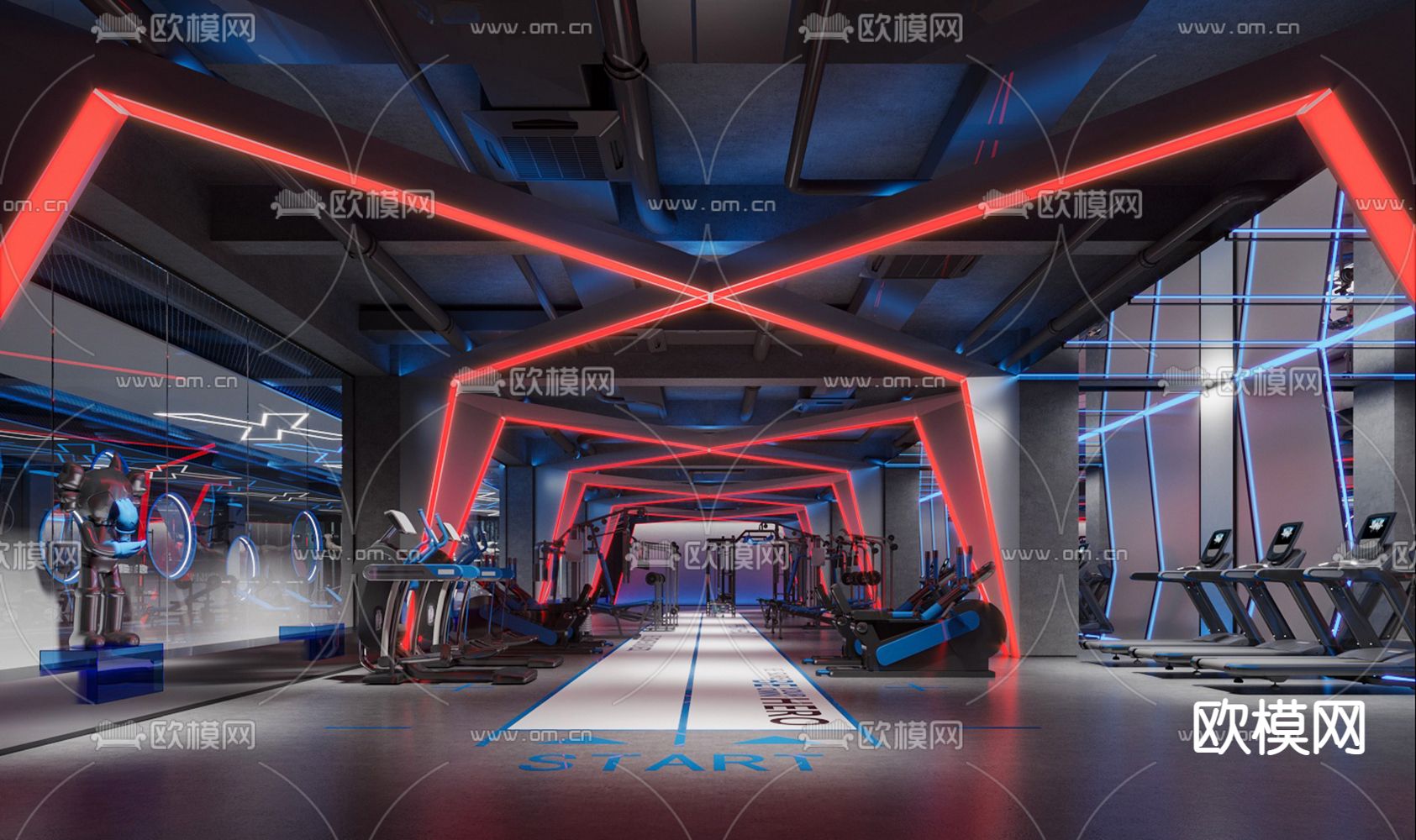 现代健身房器械区3d模型下载