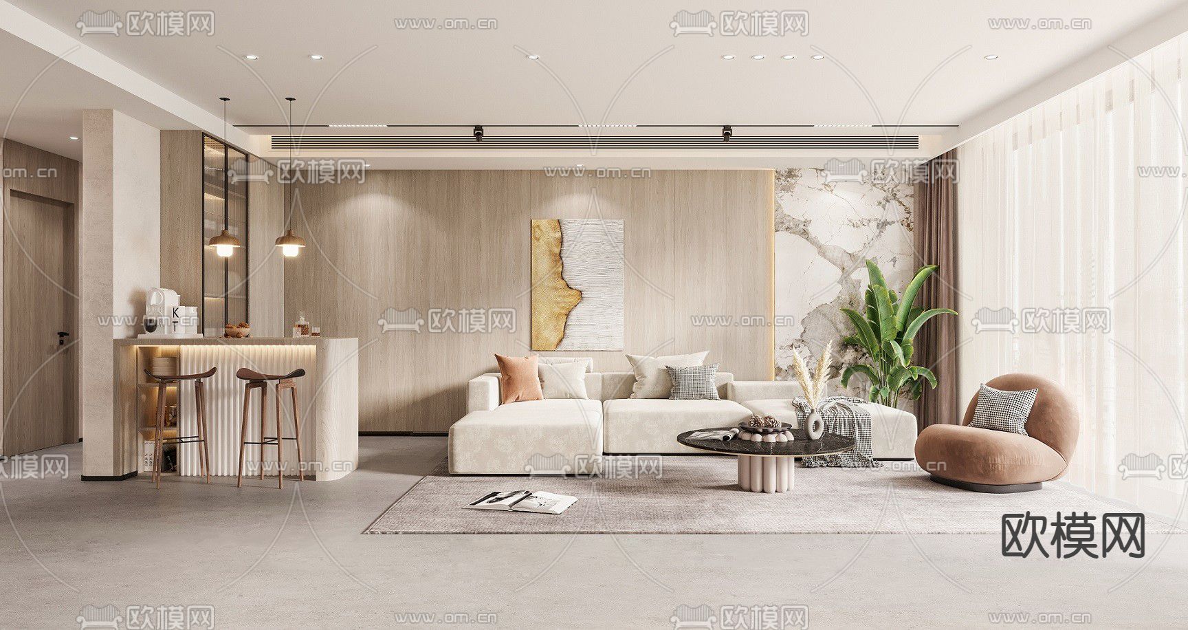 现代客厅餐厅3d模型下载（渲染图1）