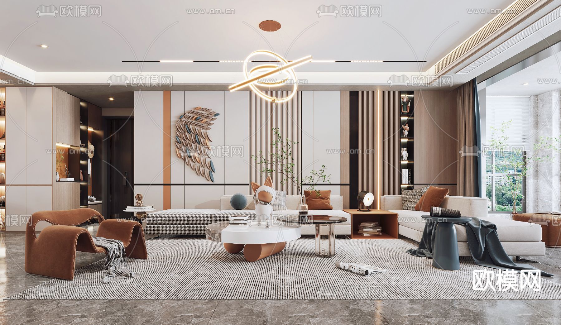 现代轻奢客厅餐厅3d模型下载（渲染图1）