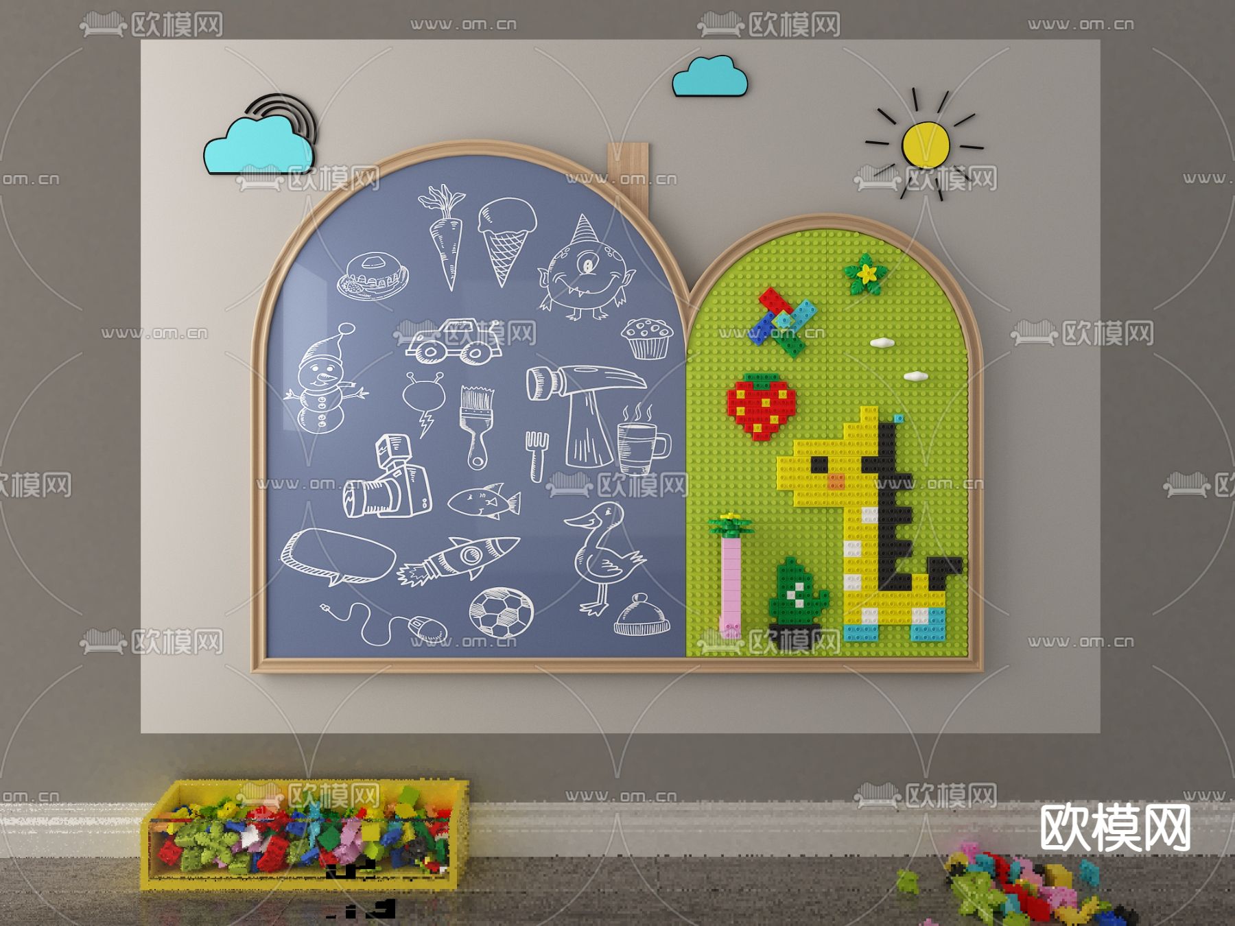 现代积木玩具黑板墙3d模型下载（渲染图1）