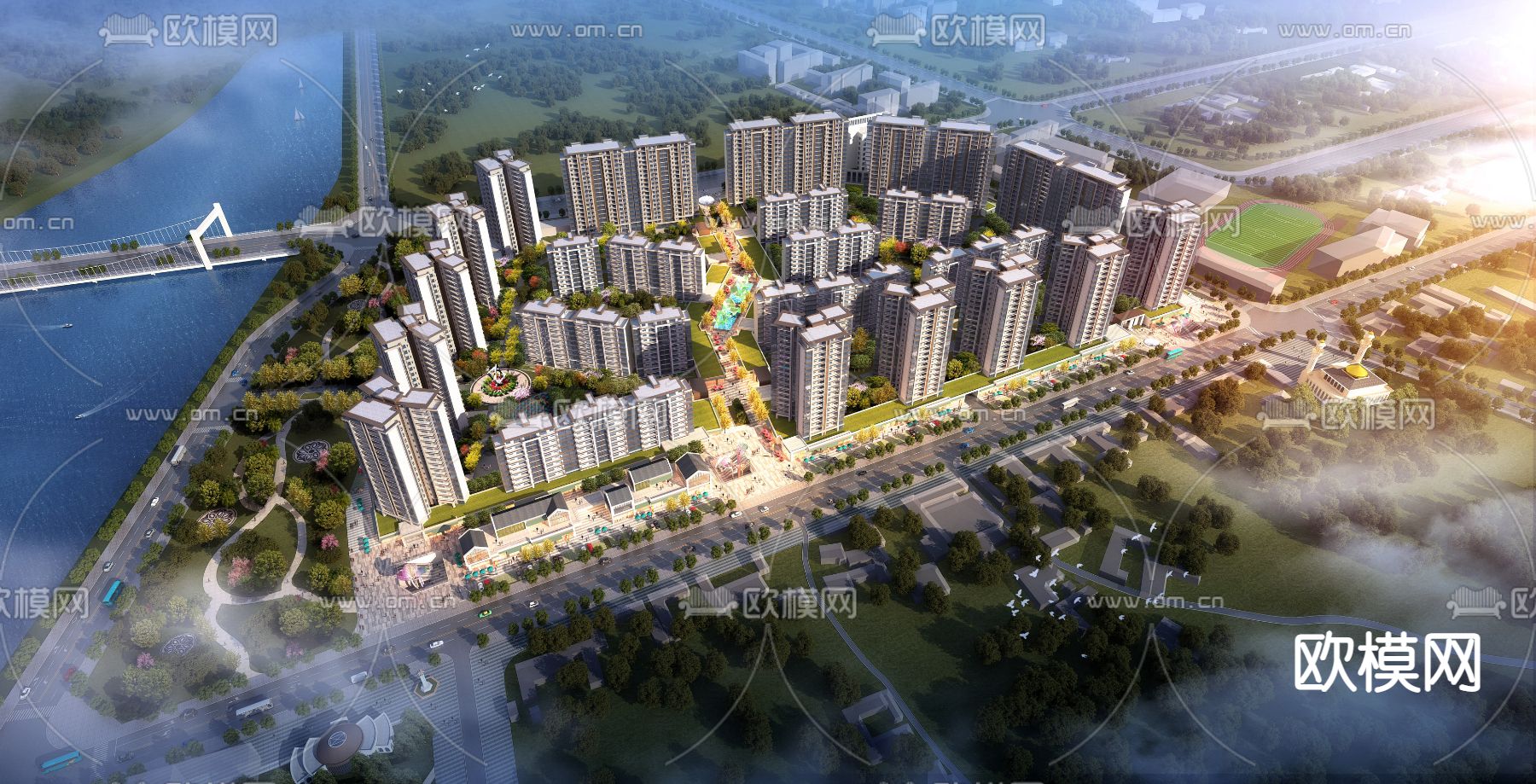 新中式住宅小区鸟瞰3d模型下载