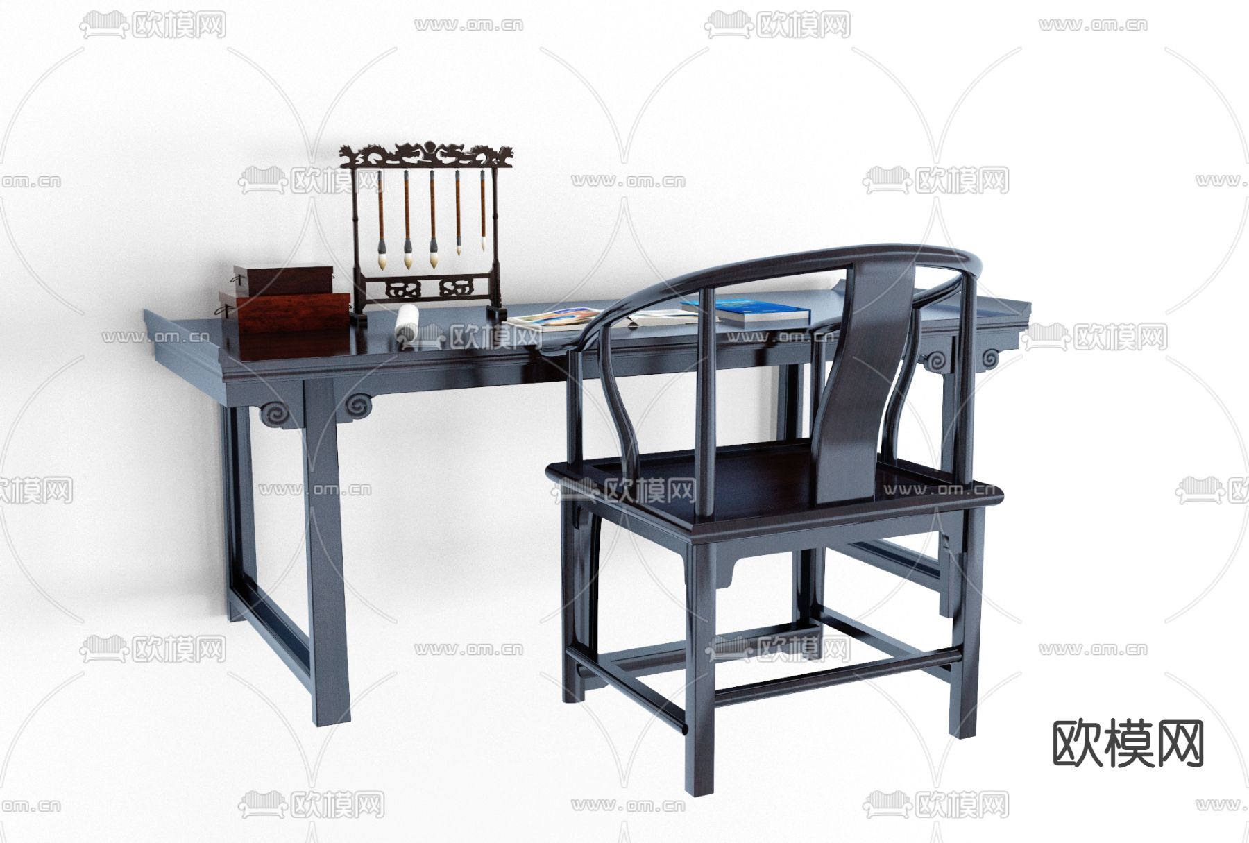 新中式实木书桌椅免费3d模型下载