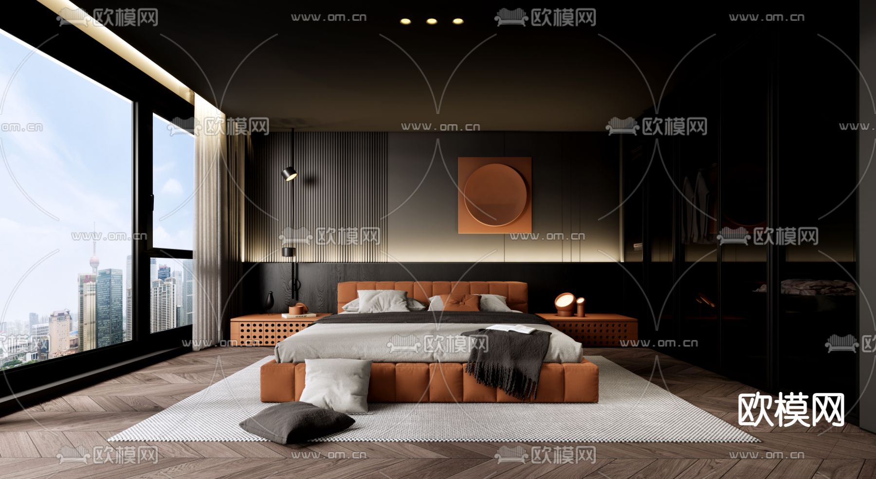 现代暗黑风卧室su模型下载（渲染图1）