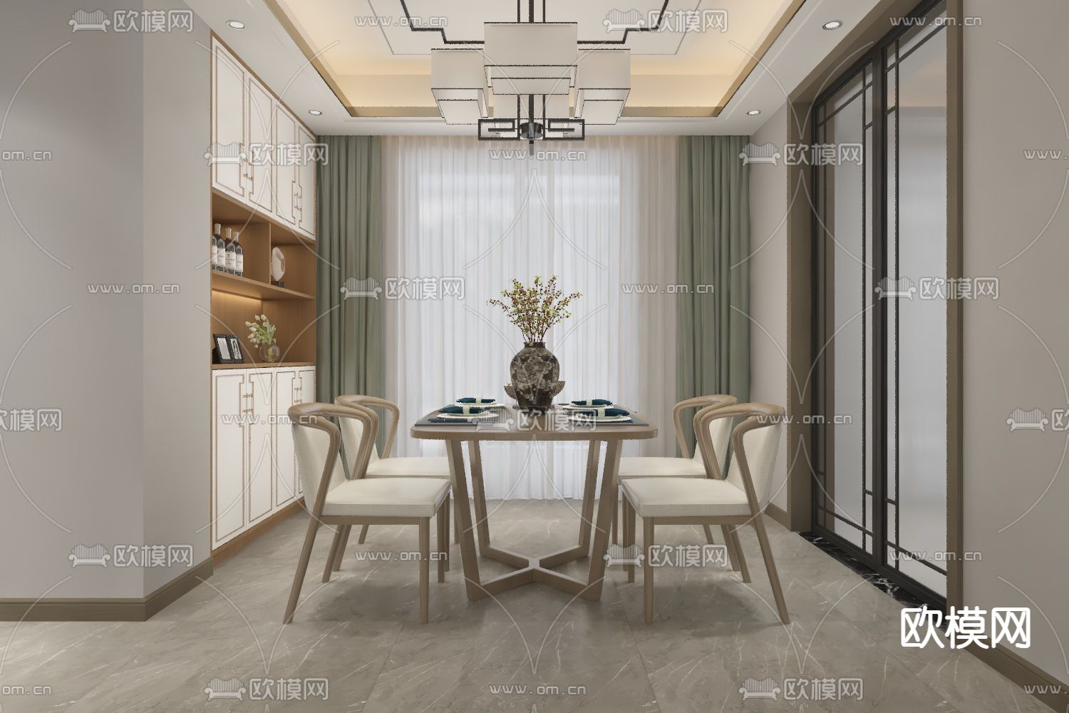 新中式客厅餐厅免费3d模型下载（渲染图3）