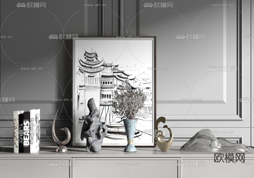 现代书籍花瓶摆件3d模型下载