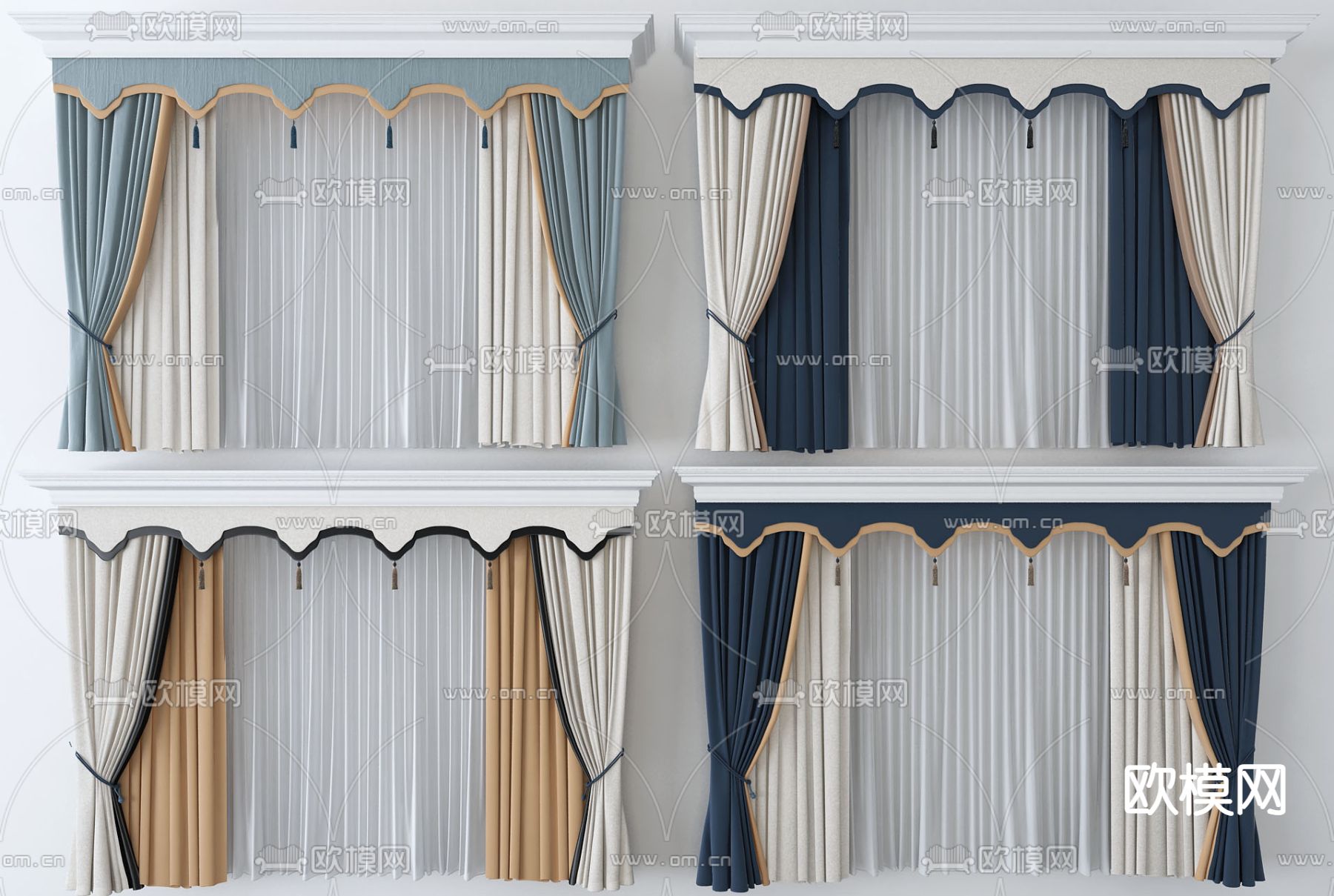 简欧布艺窗帘3d模型下载