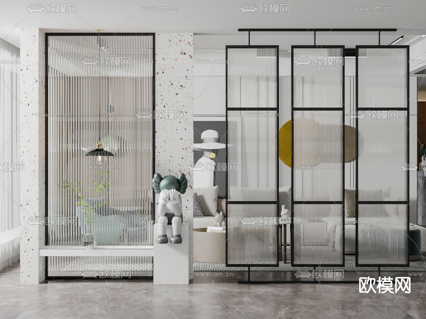 现代长虹玻璃屏风su模型下载（渲染图1）