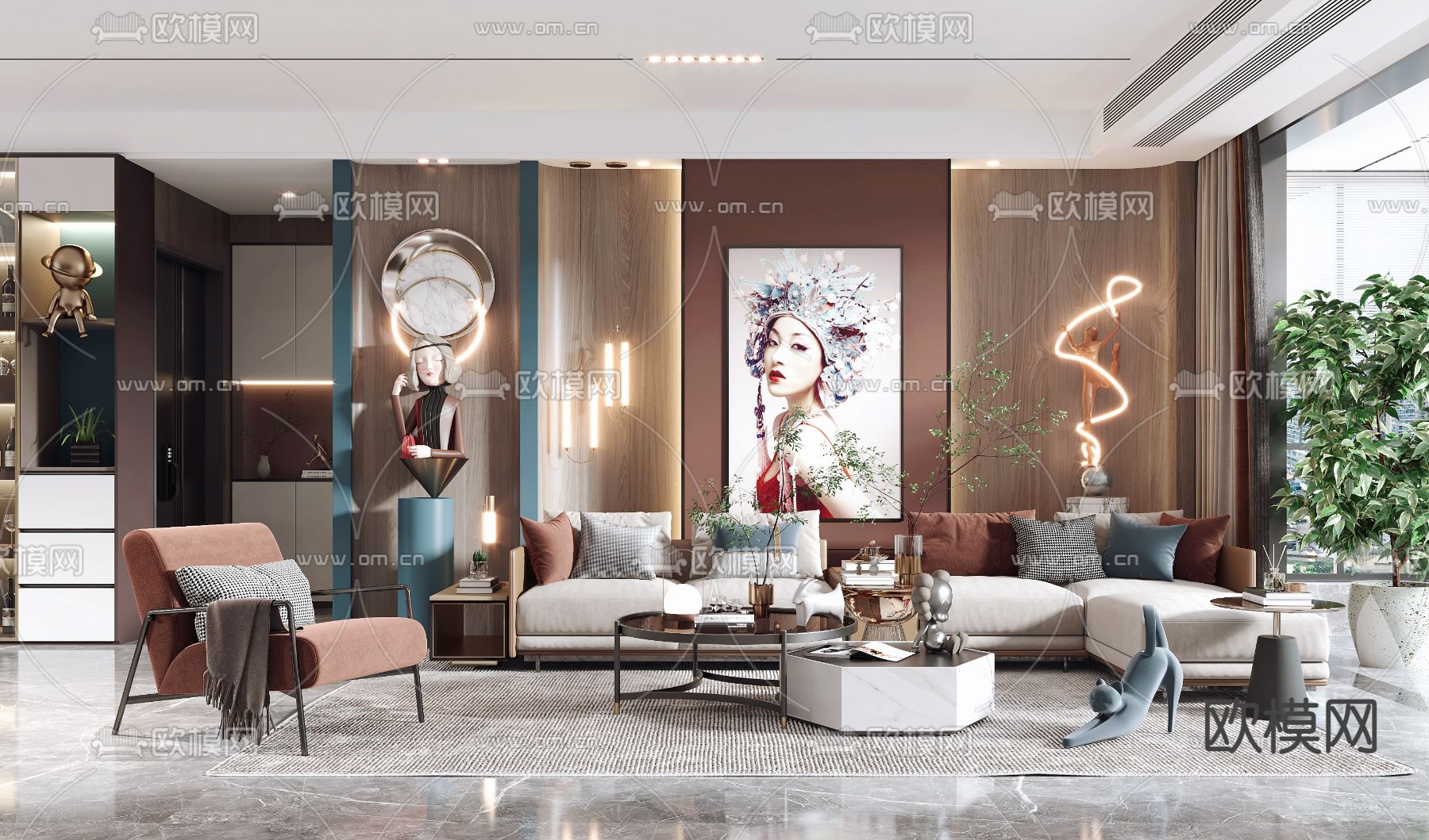 现代轻奢客厅餐厅3d模型下载（渲染图1）