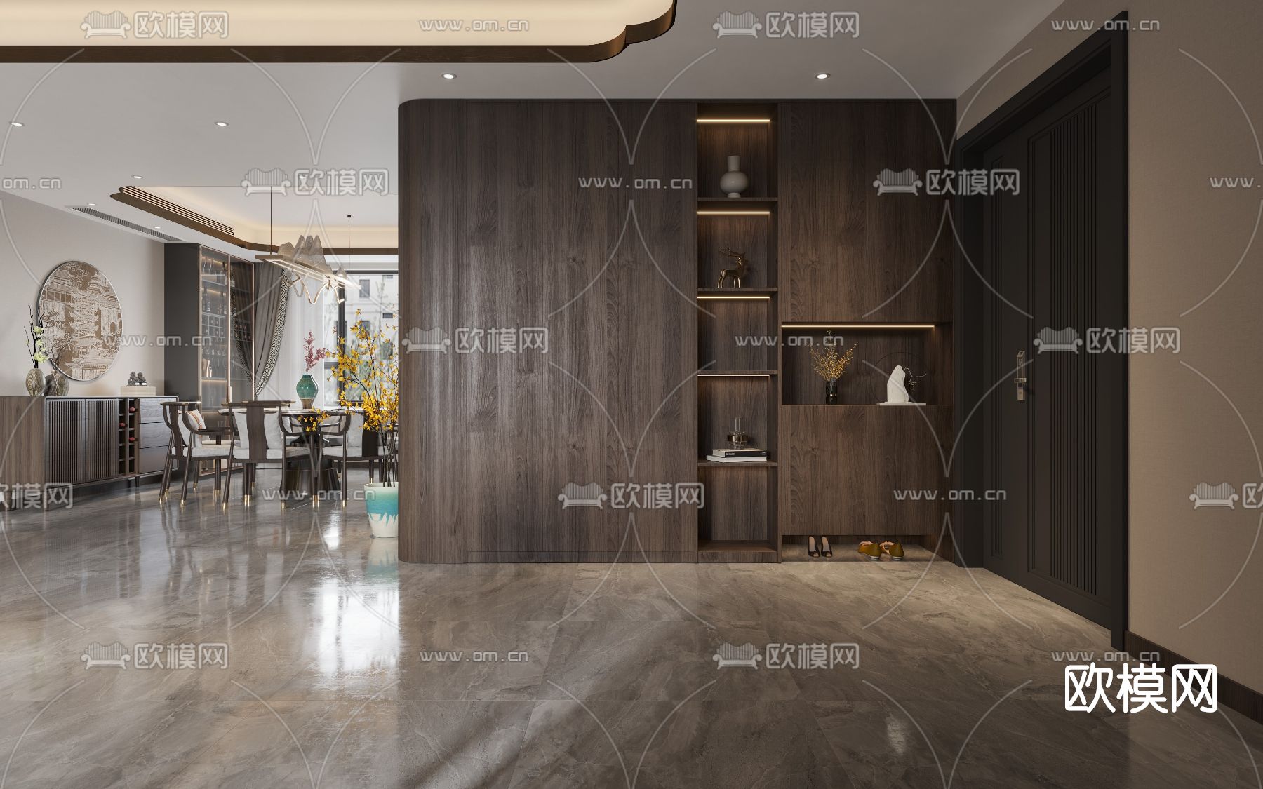 新中式轻奢客厅餐厅3d模型
