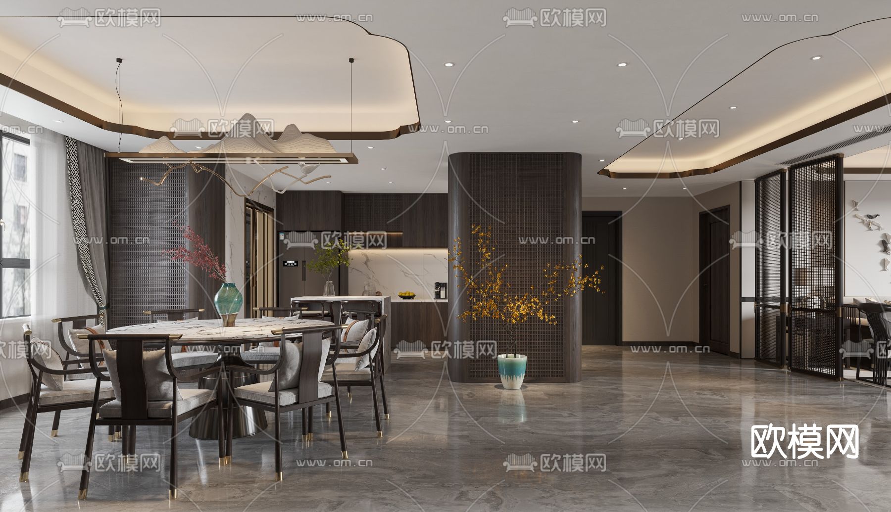 新中式轻奢客厅餐厅3d模型