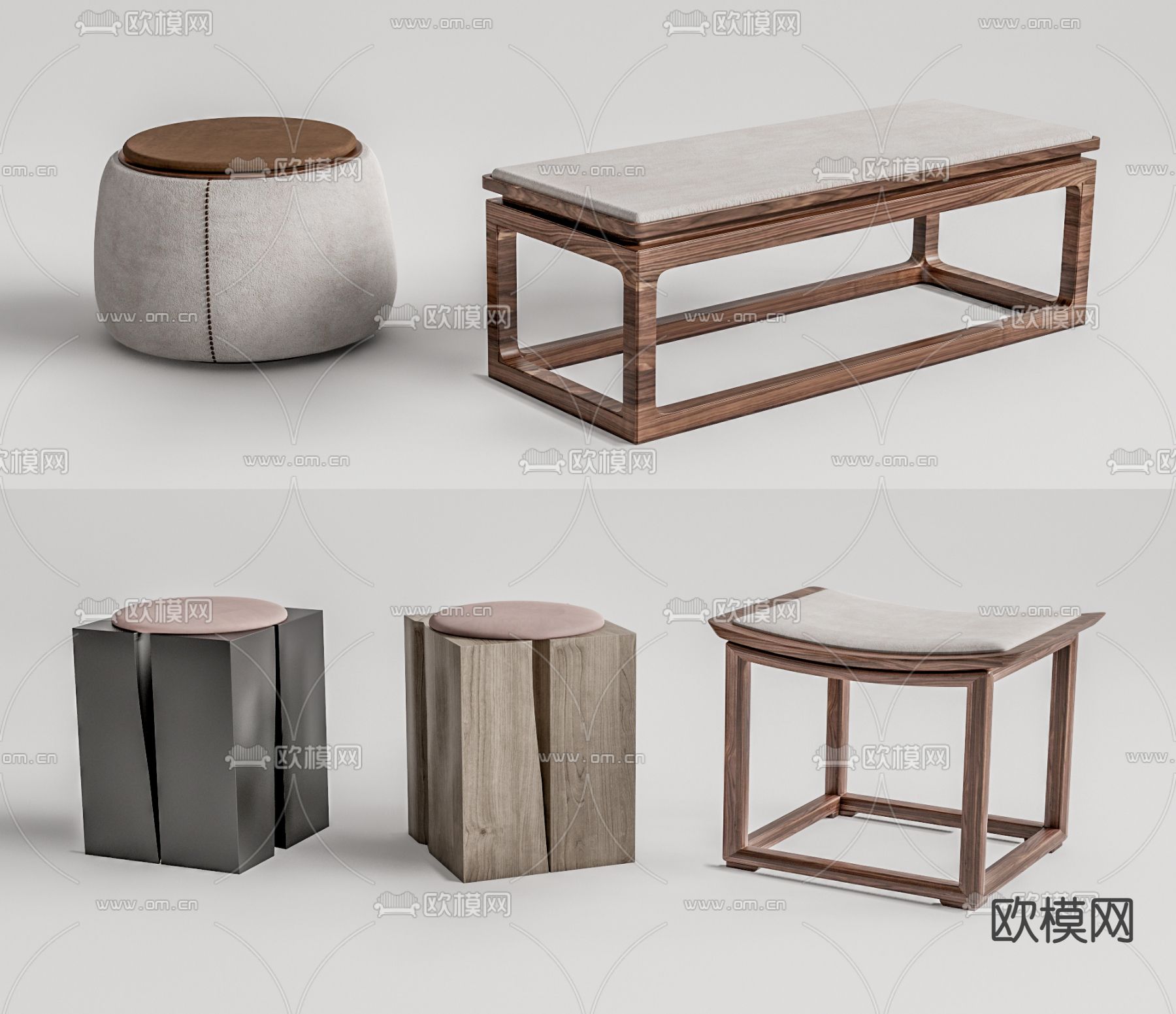 新中式长凳圆凳矮凳子su模型下载（渲染图1）