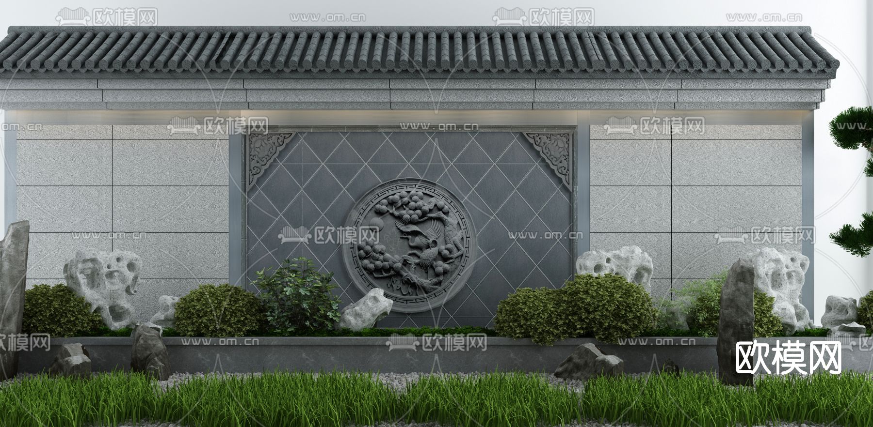 新中式庭院景观墙3d模型下载