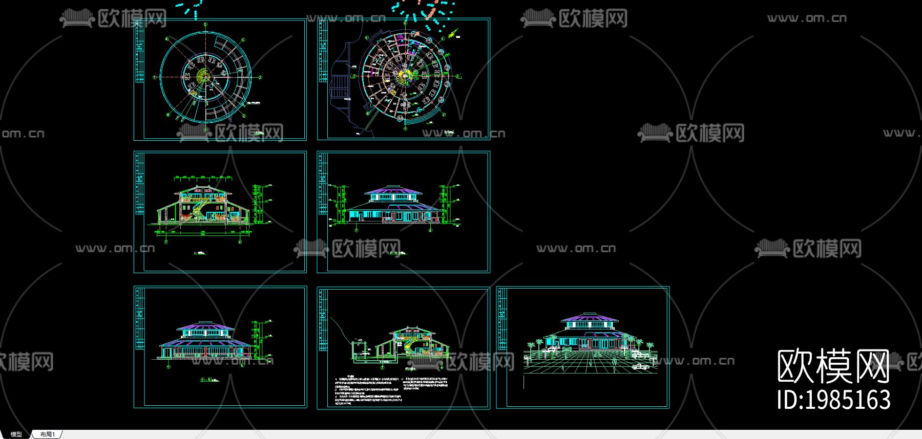 中餐厅建筑cad施工图下载（渲染图1）