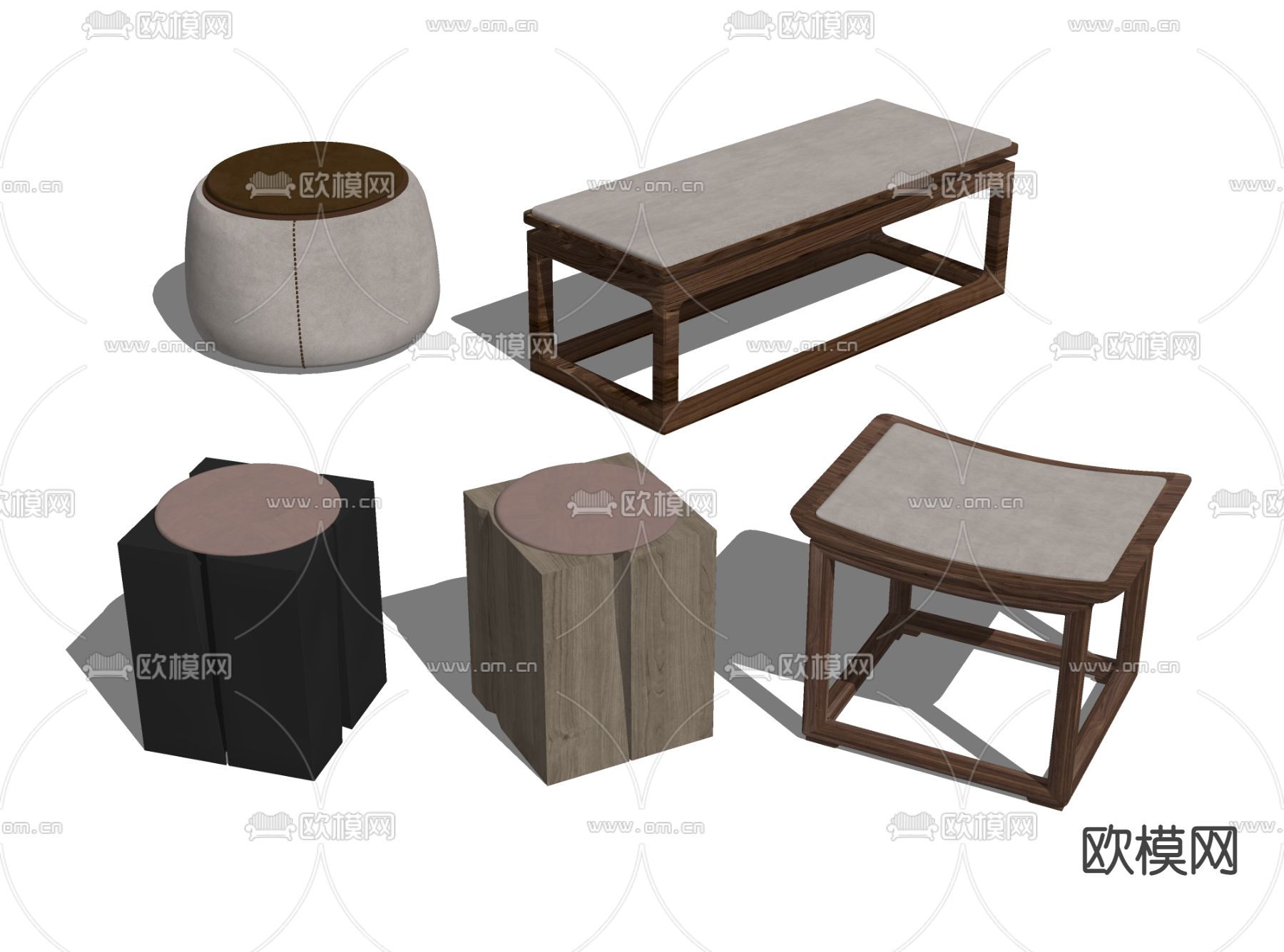 新中式长凳圆凳矮凳子su模型下载（渲染图2）