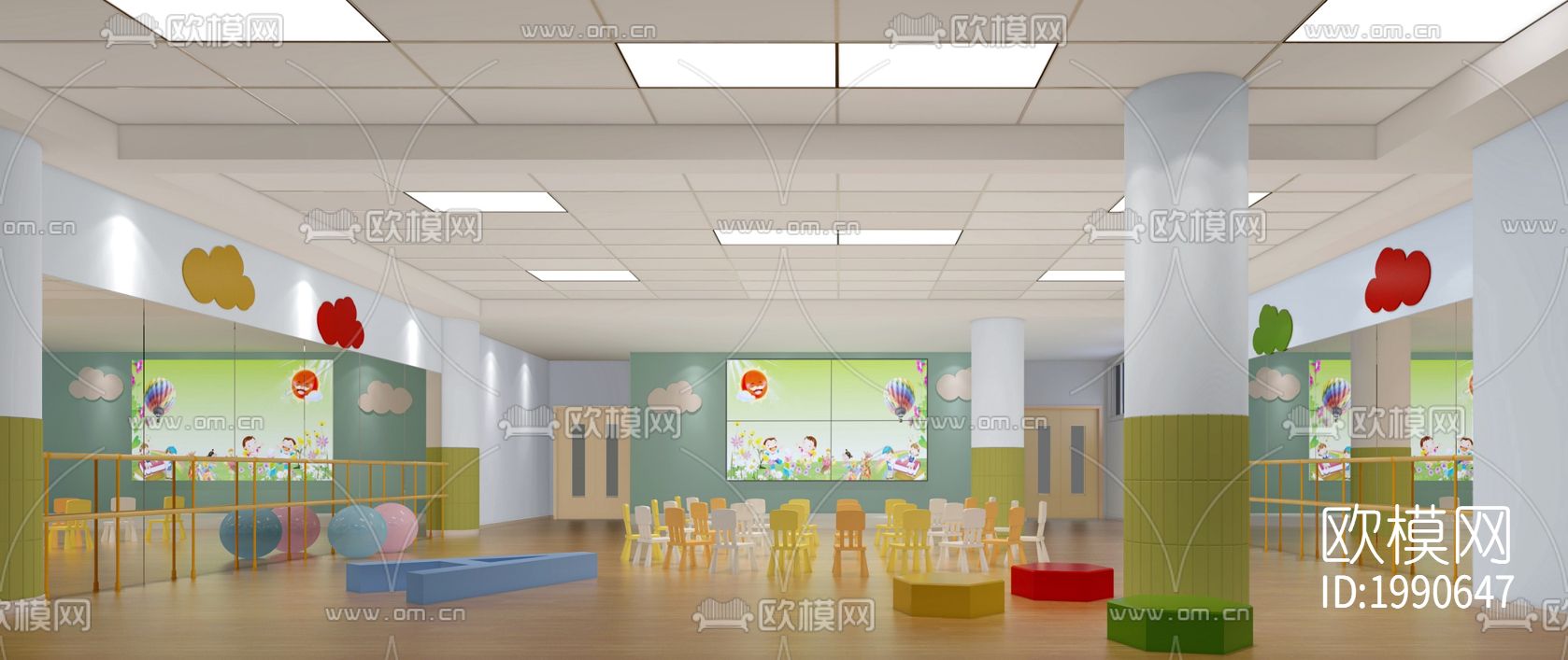 学校幼儿园教室内部cad施工图下载（渲染图3）