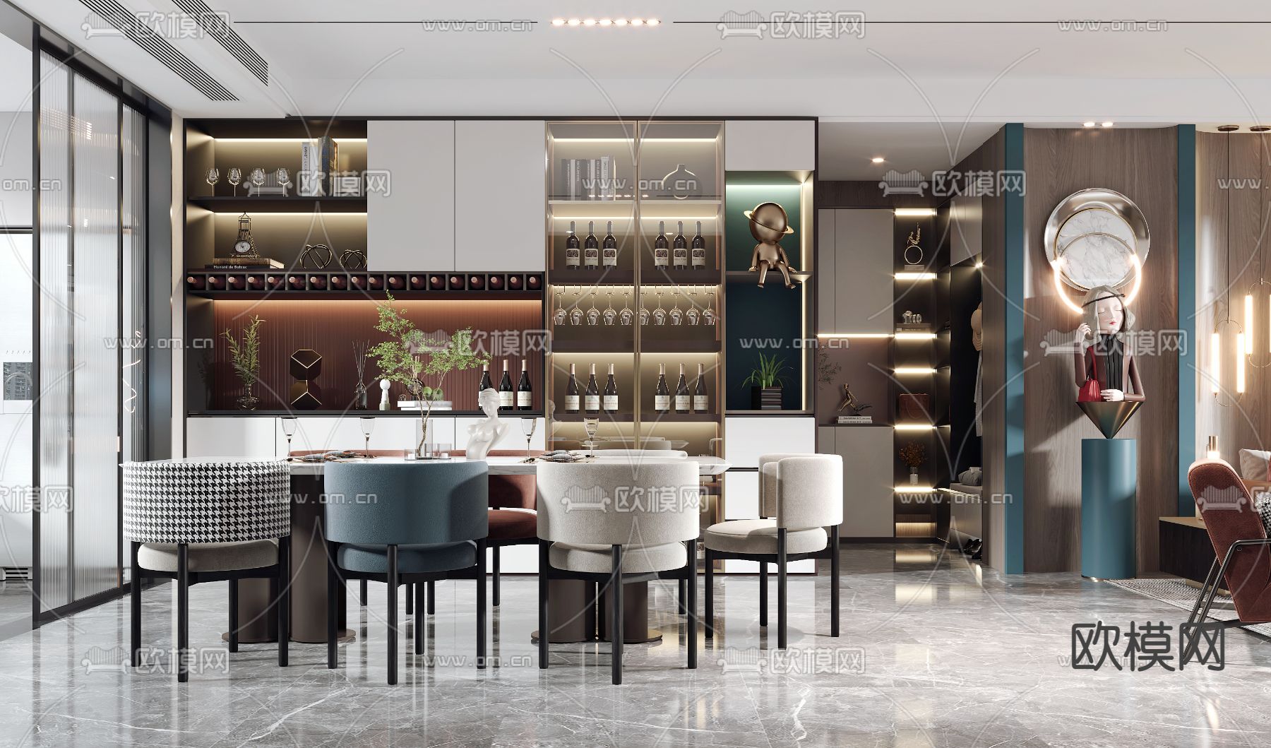 现代轻奢客厅餐厅3d模型下载（渲染图2）