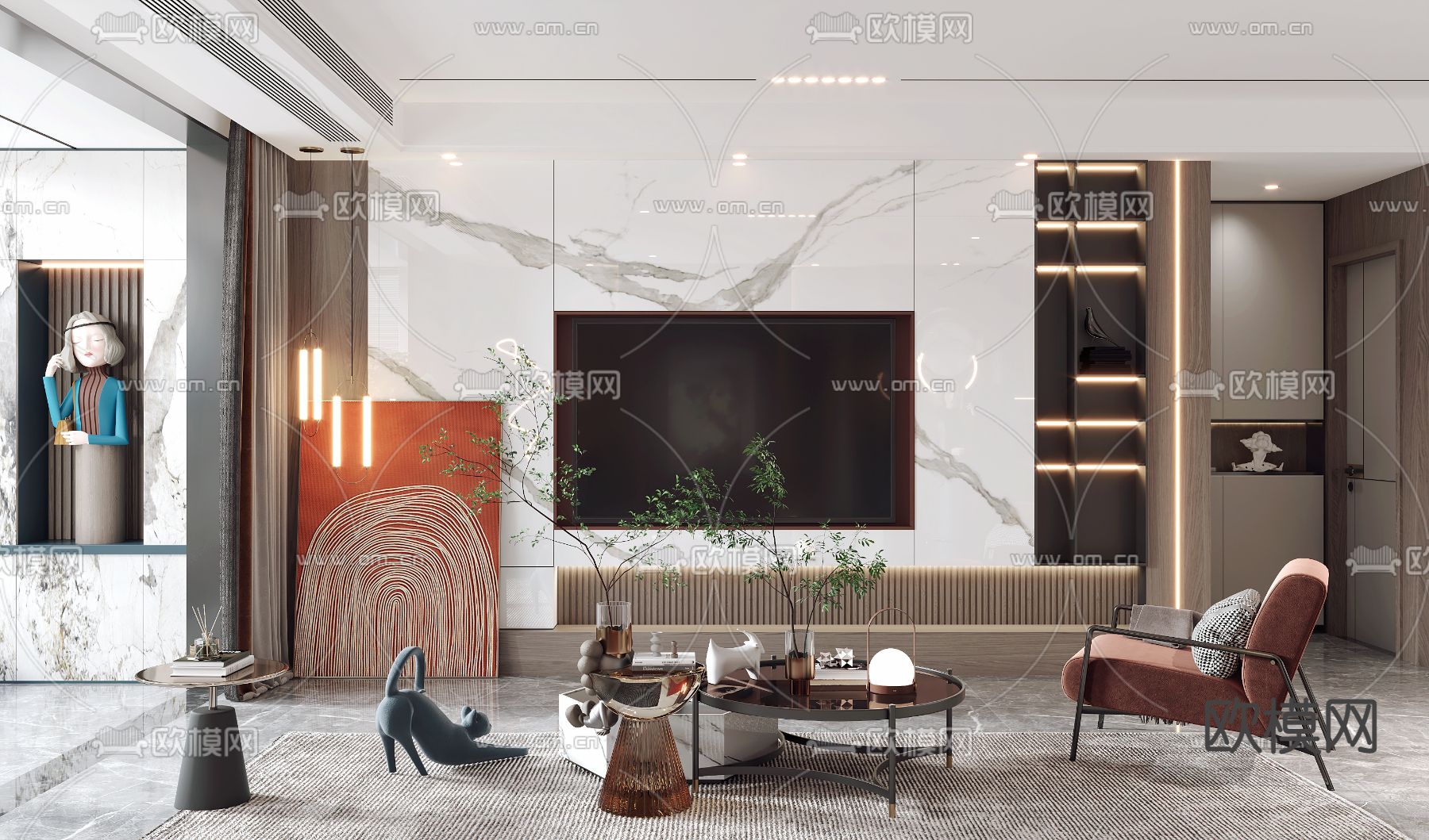 现代轻奢客厅餐厅3d模型下载（渲染图3）