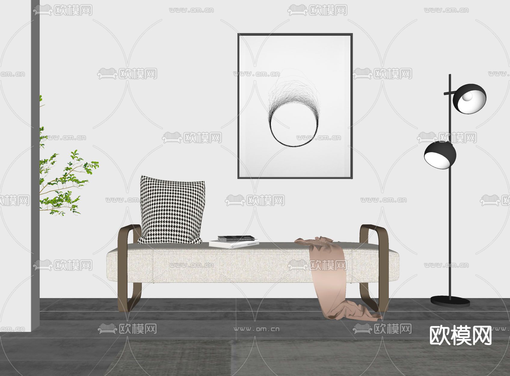 现代床尾凳脚踏su模型下载（渲染图2）