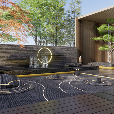  新中式庭院景观花园su模型 