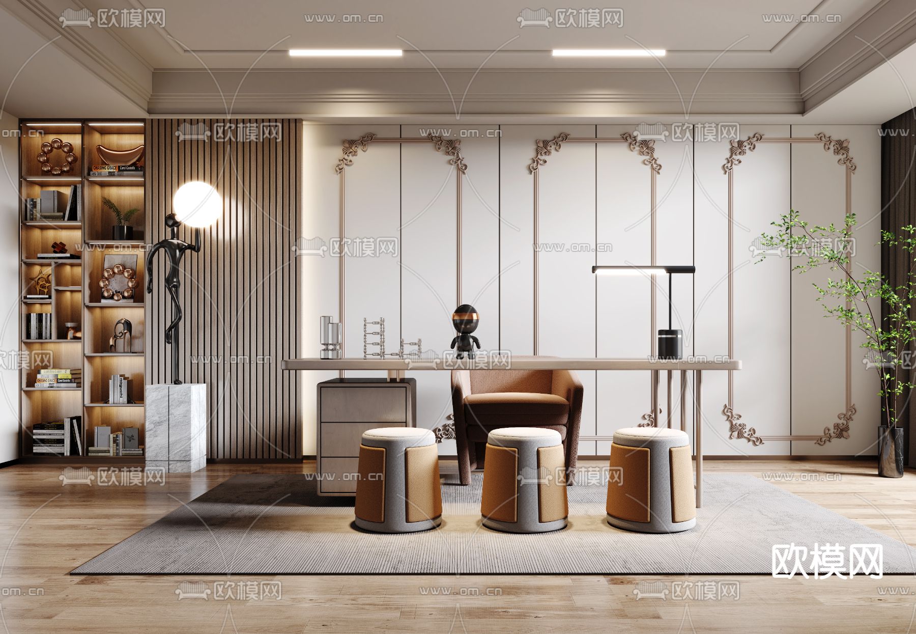 简欧轻奢书房3d模型下载（渲染图1）