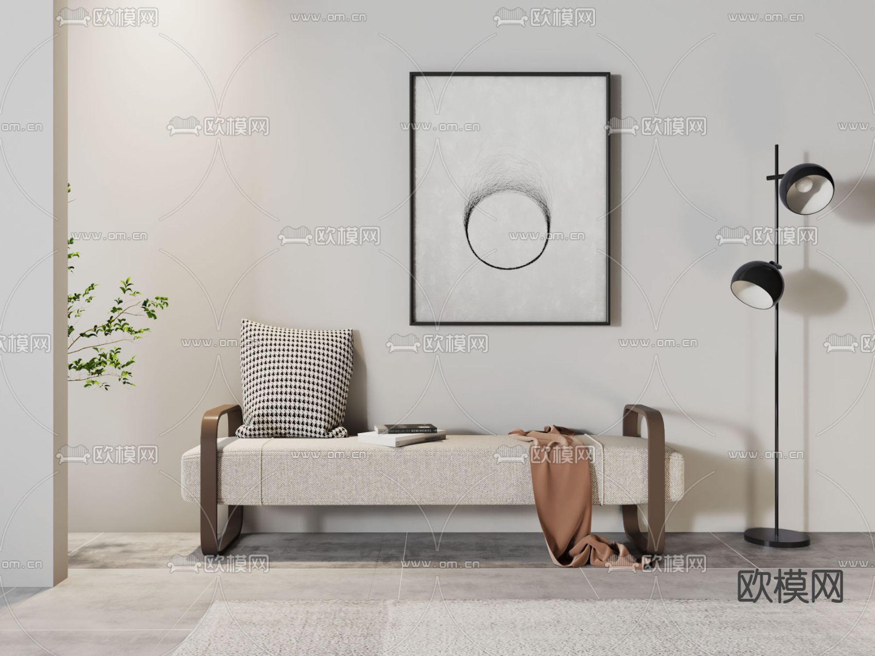 现代床尾凳脚踏su模型下载（渲染图1）