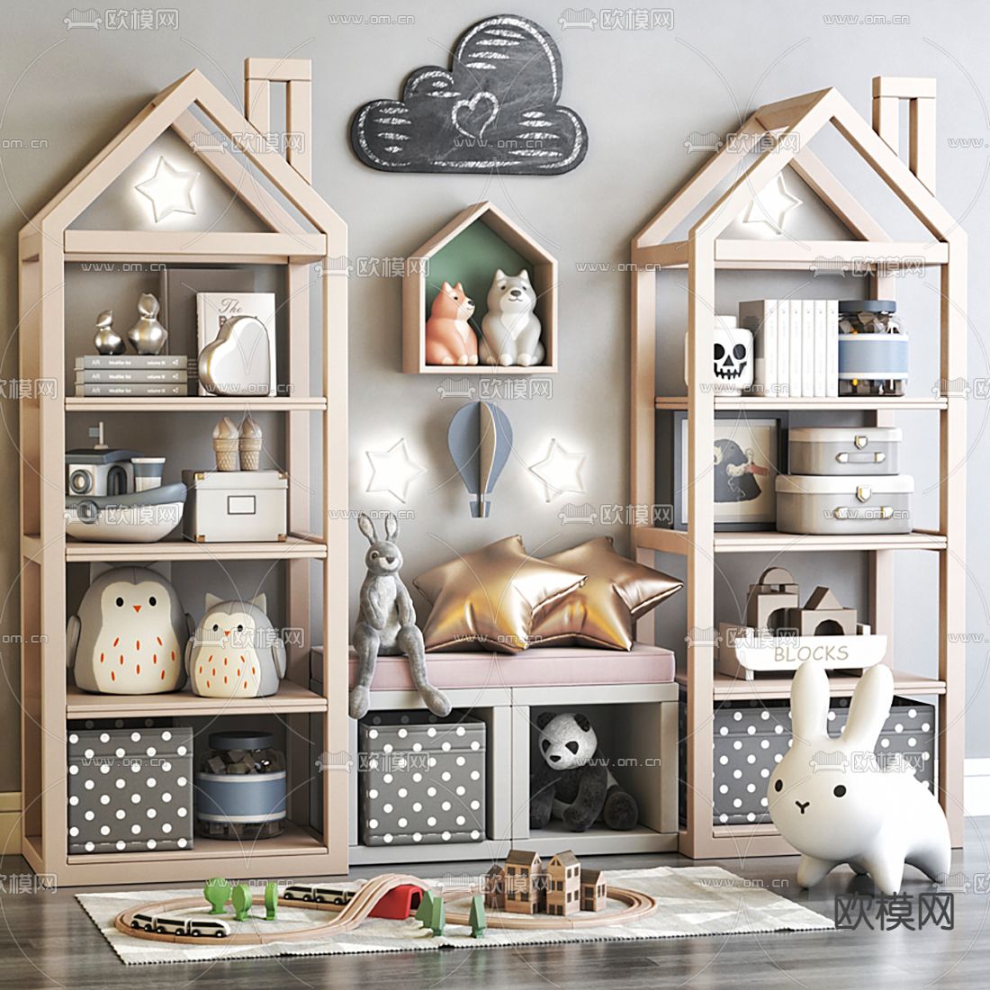 北欧实木儿童玩具柜3d模型下载（渲染图1）