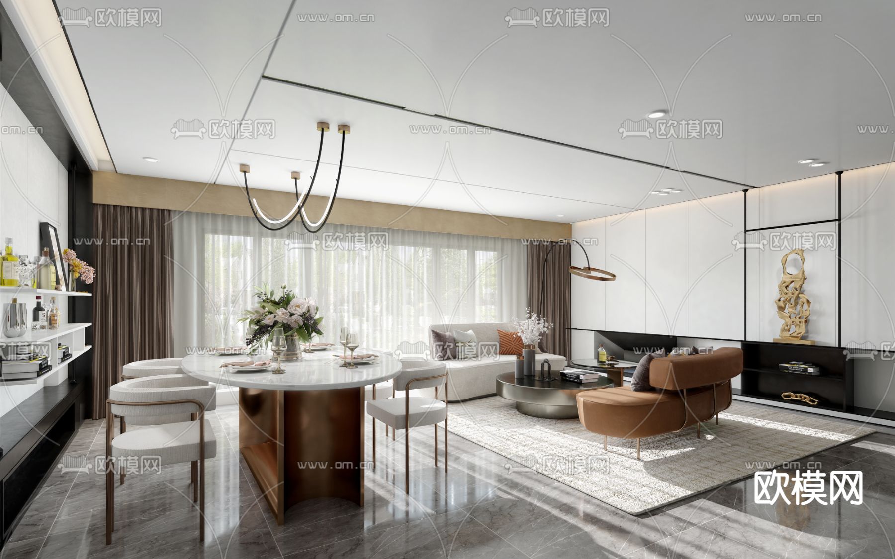 岳蒙设计 现代客餐厅3d模型下载（渲染图1）