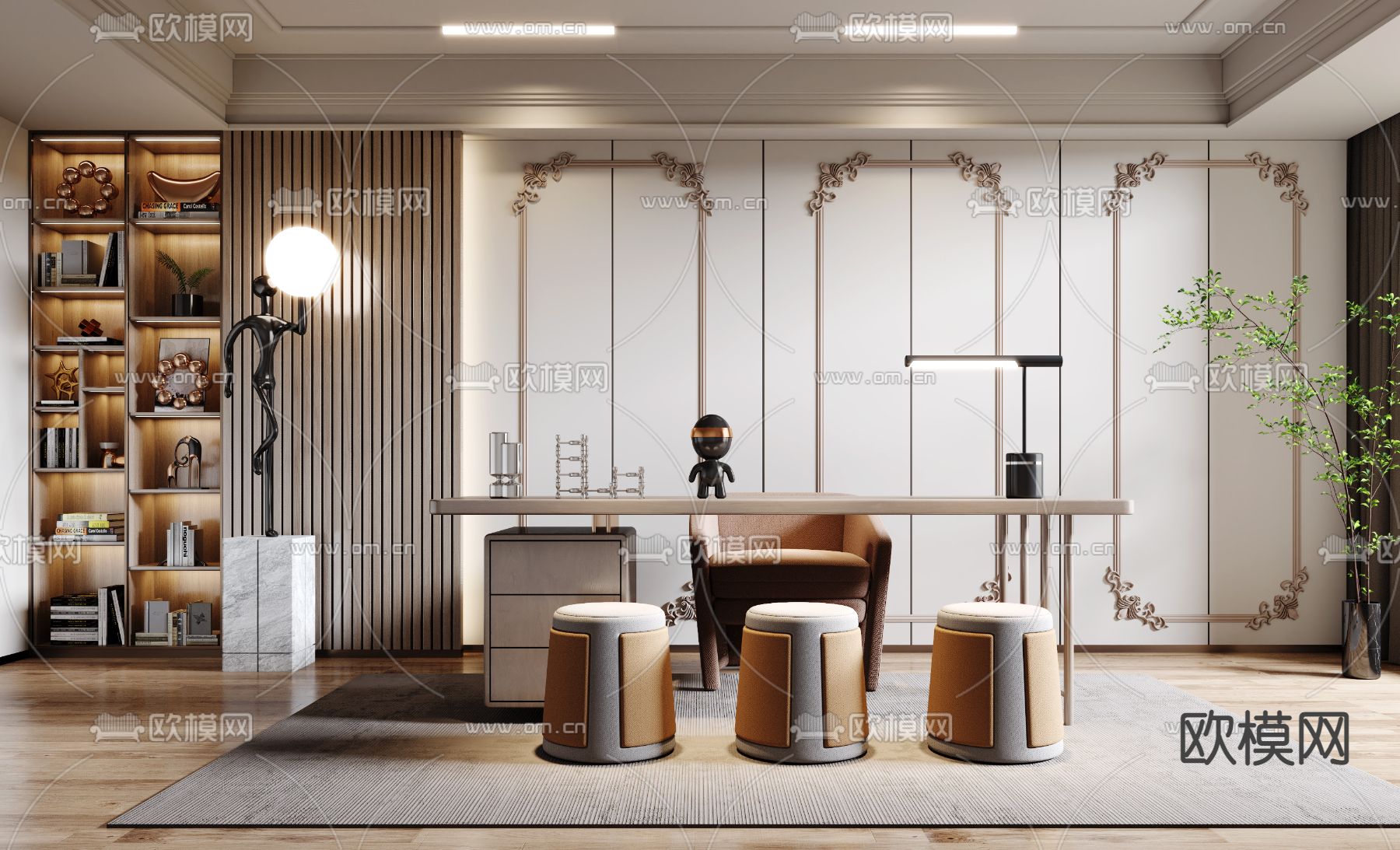 简欧轻奢书房3d模型下载（渲染图2）