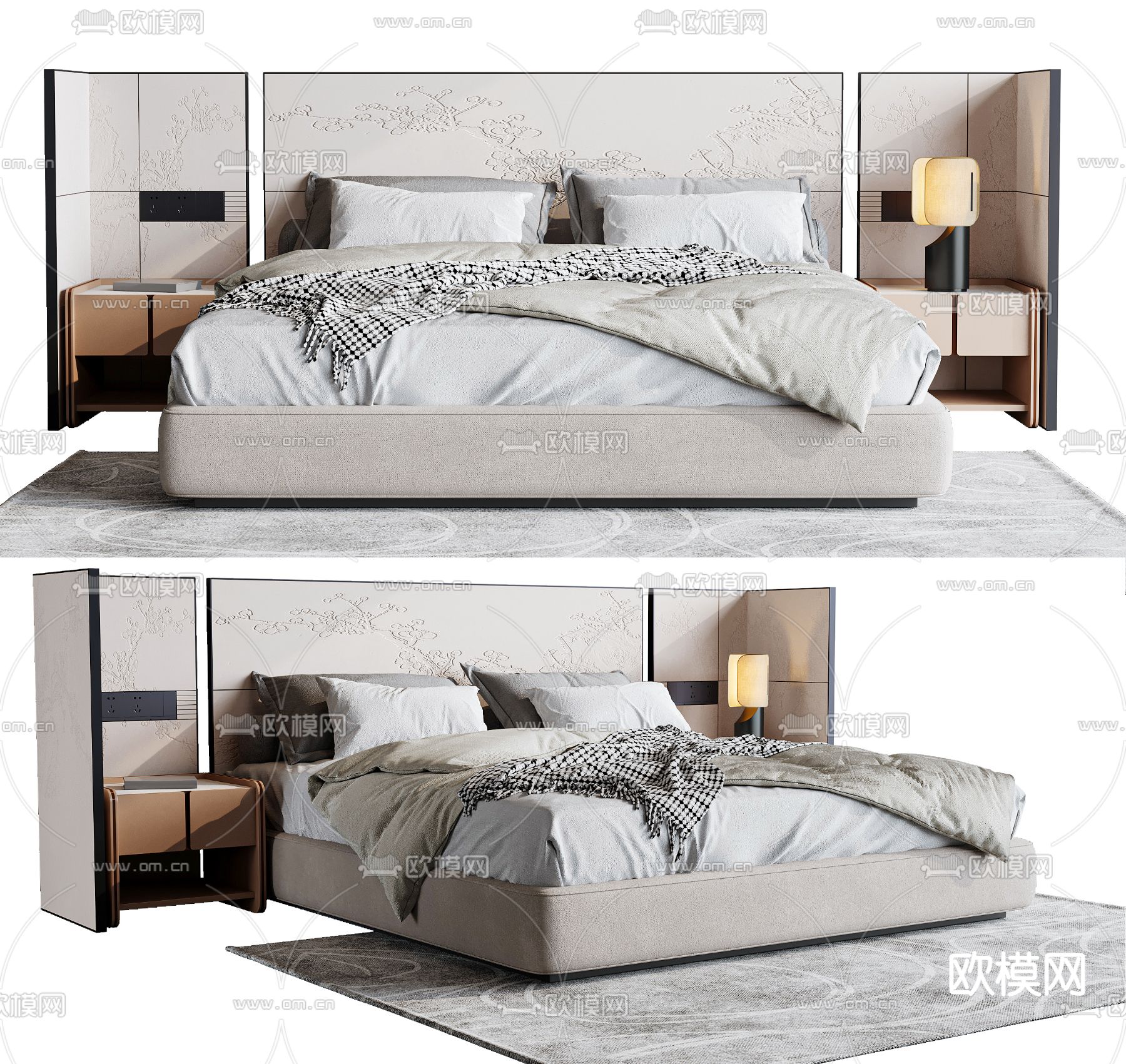 新中式布艺双人床su模型下载（渲染图1）