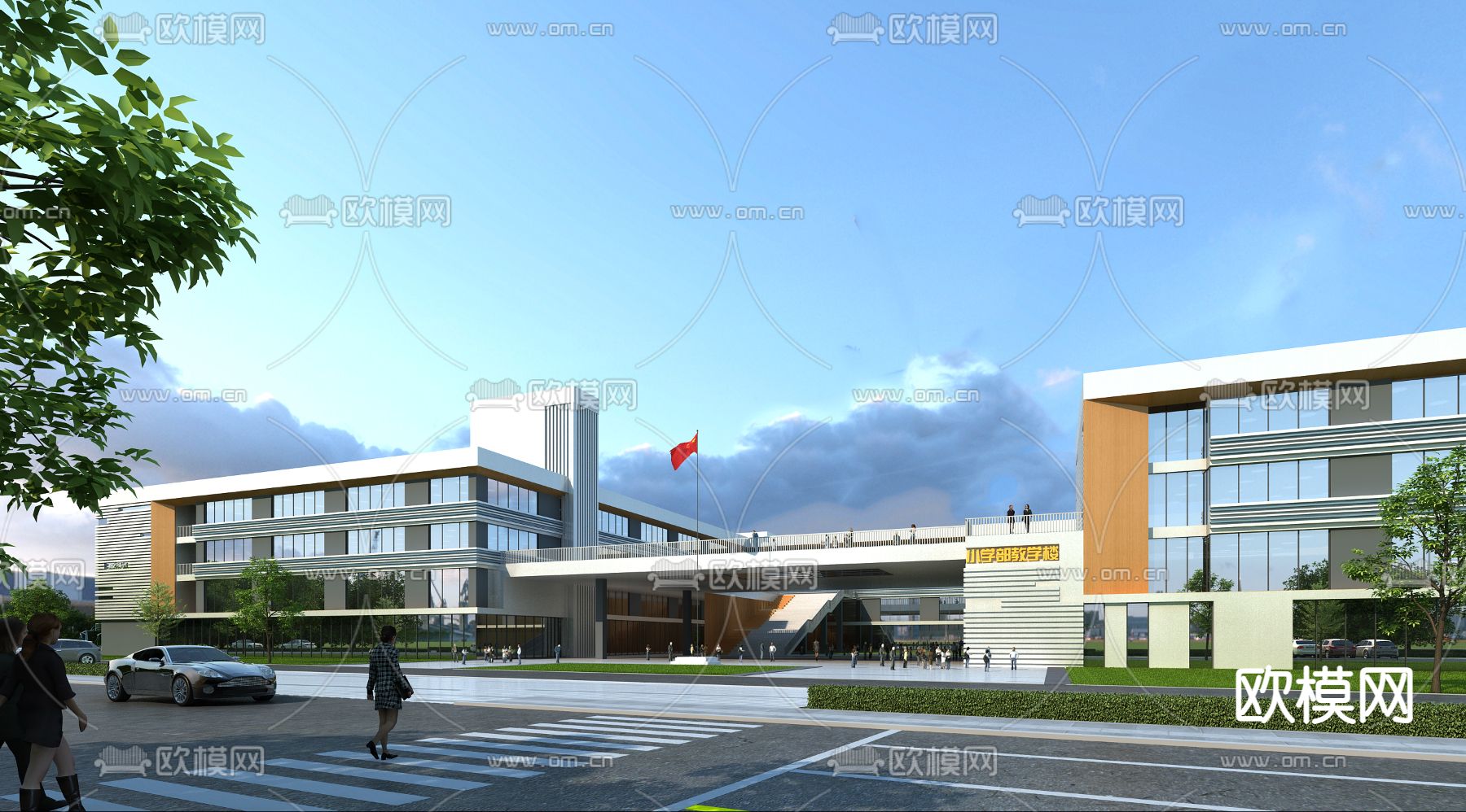 现代学校教学楼外观3d模型下载（渲染图1）