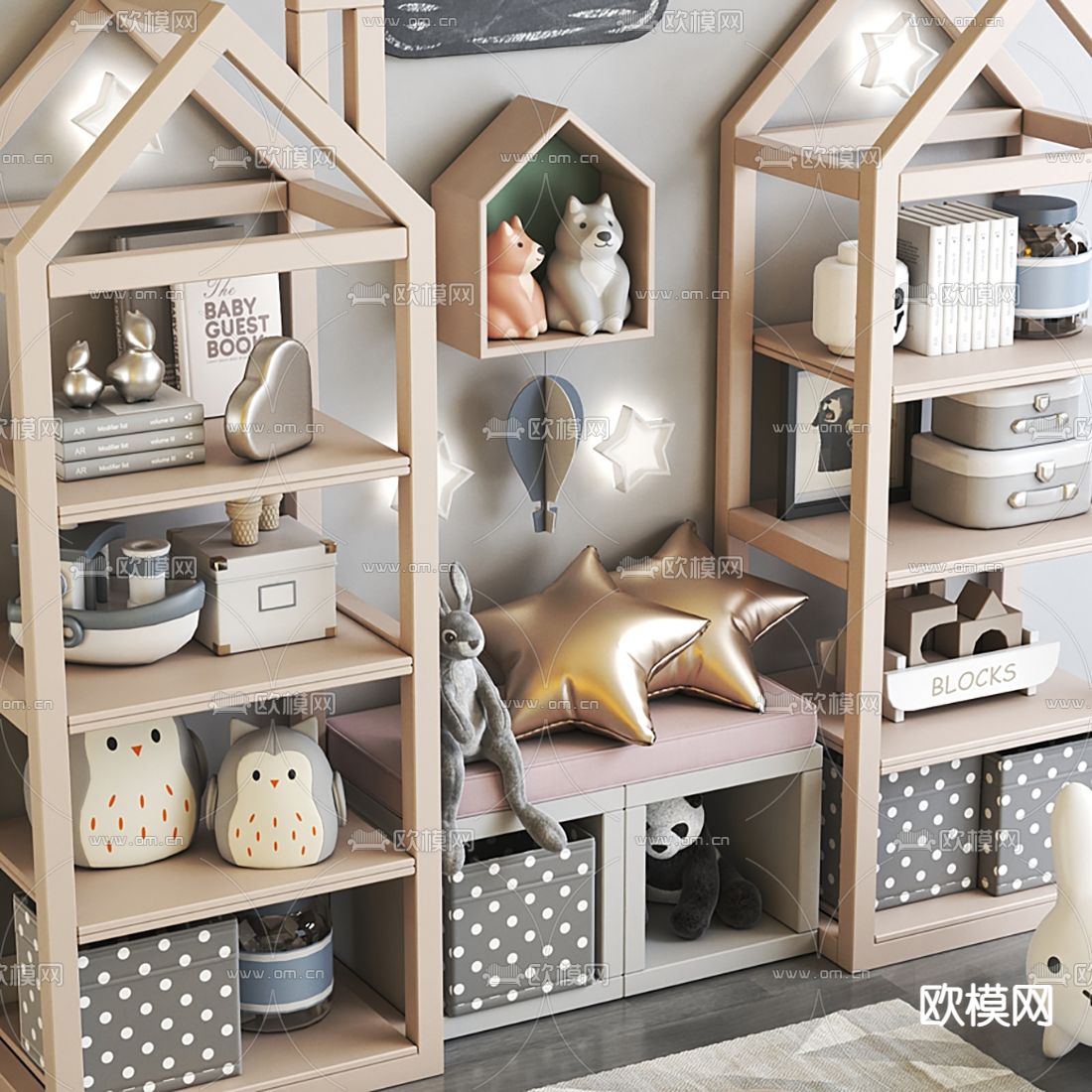 北欧实木儿童玩具柜3d模型下载（渲染图2）