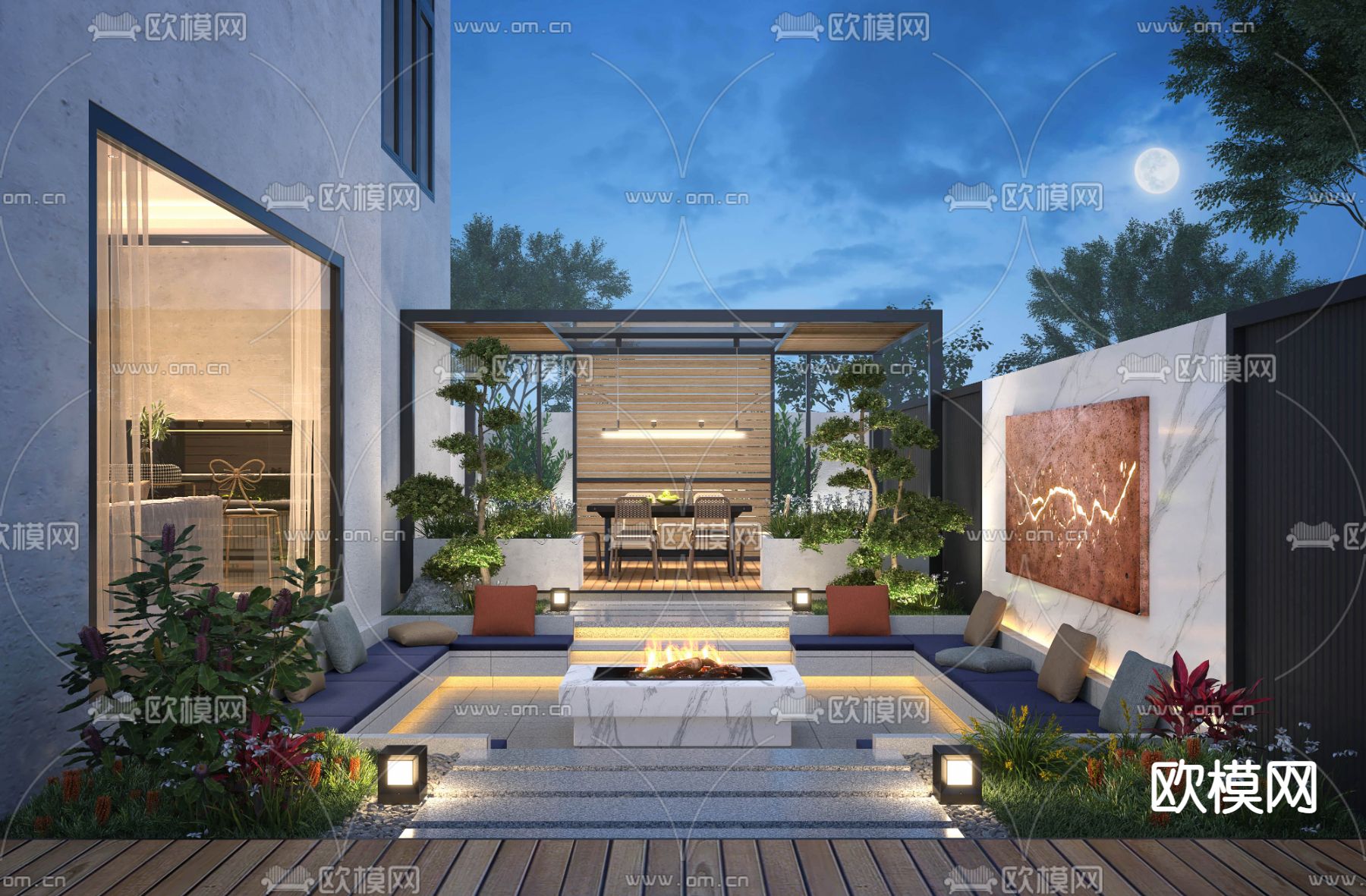 现代别墅庭院夜景3d模型下载