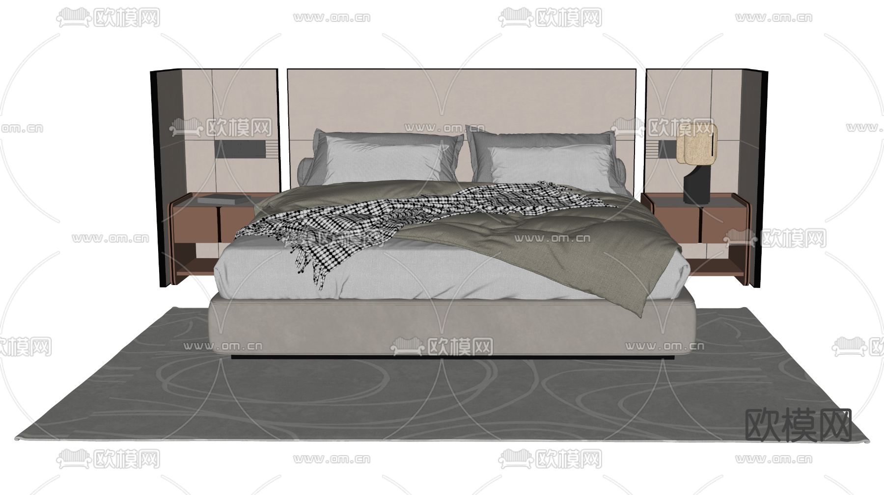 新中式布艺双人床su模型下载（渲染图2）