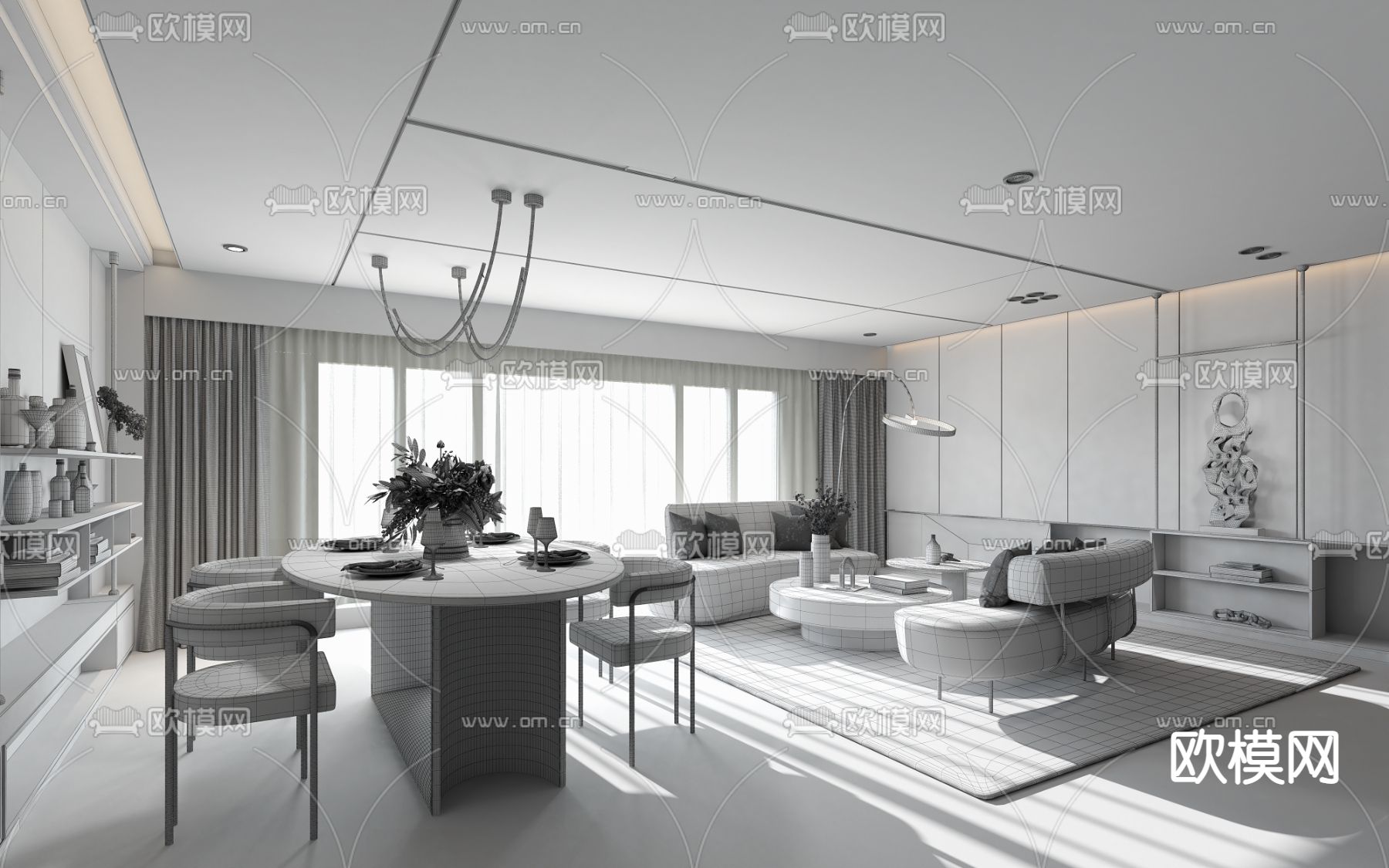 岳蒙设计 现代客餐厅3d模型下载（渲染图2）