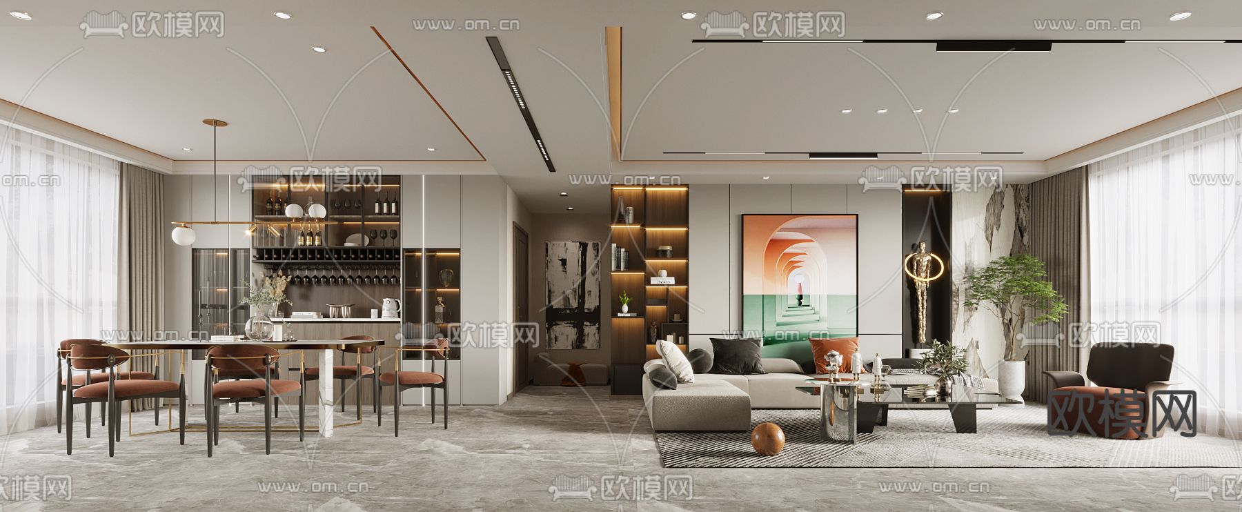 现代轻奢客厅餐厅3d模型下载（渲染图1）