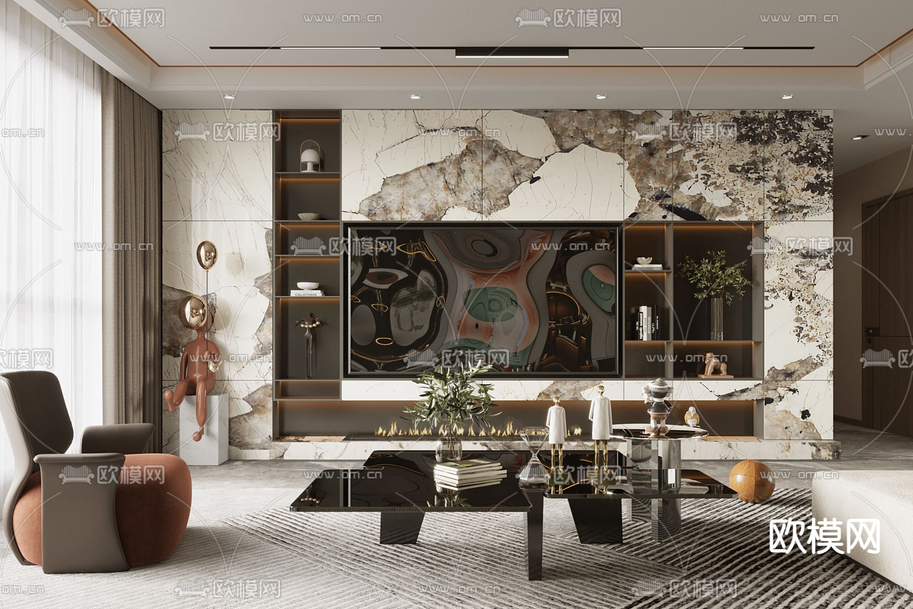 现代轻奢客厅餐厅3d模型下载（渲染图2）