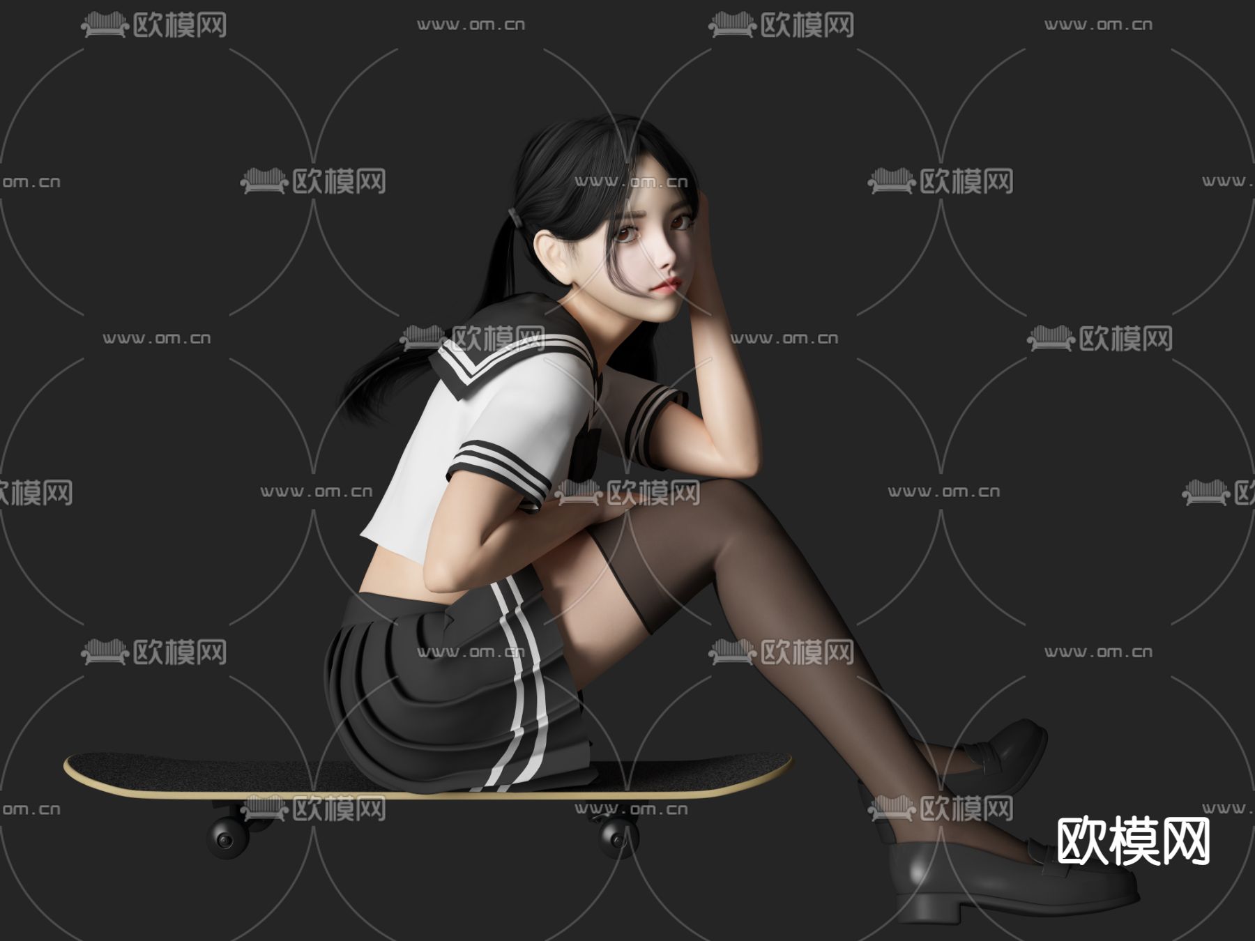 现代滑板美女人物su模型下载（渲染图1）