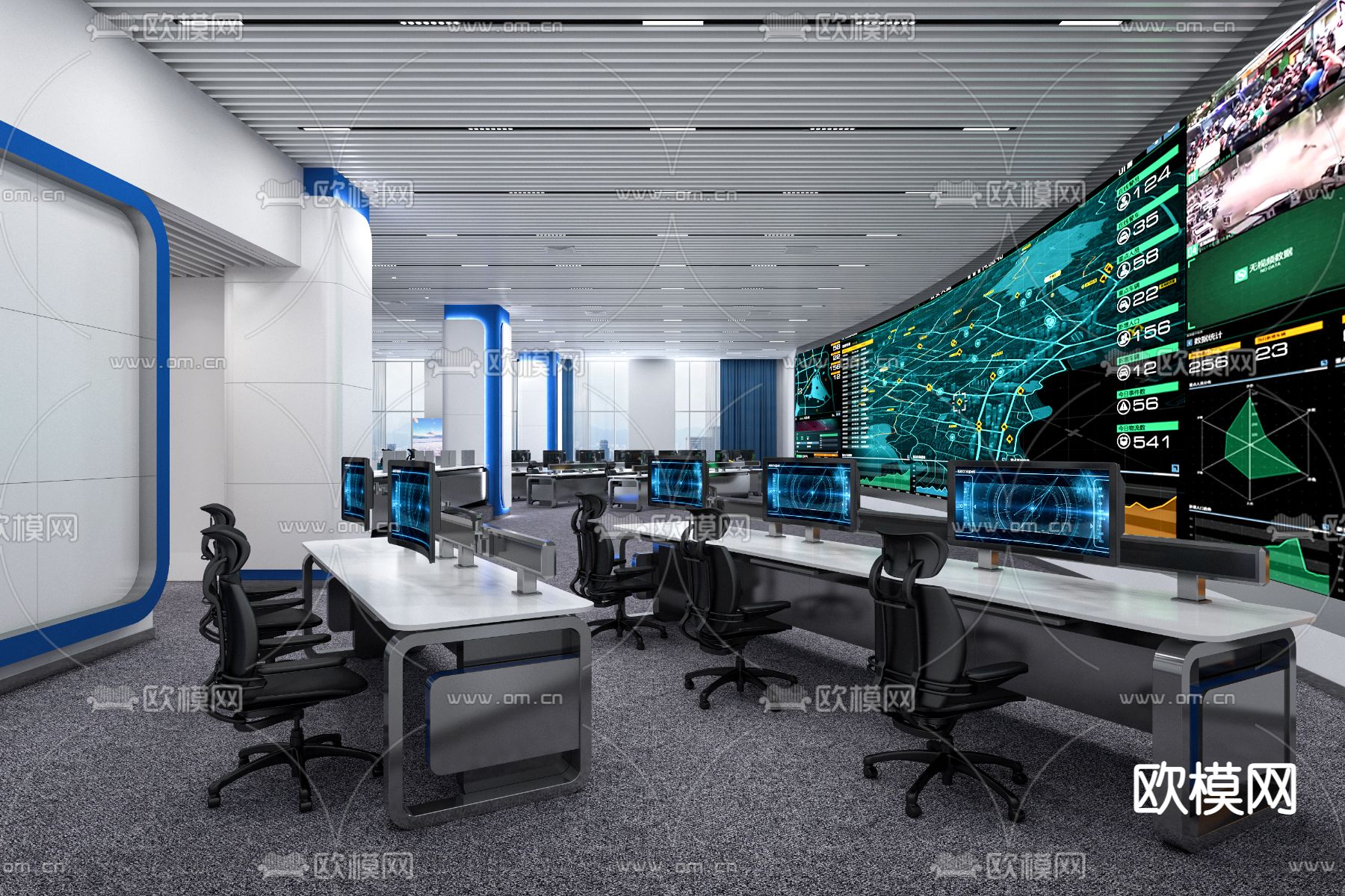 现代监控室指挥中心3d模型下载（渲染图1）