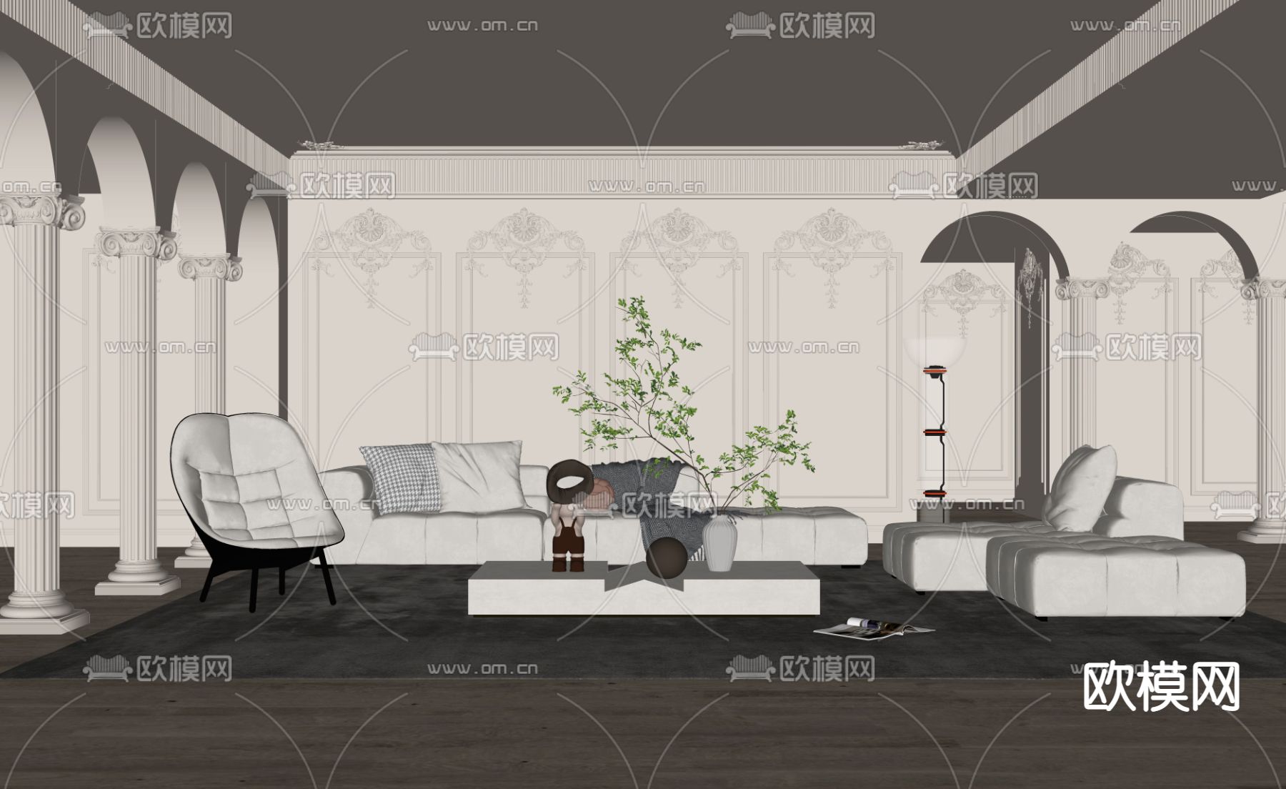 法式布艺沙发组合su模型下载（渲染图2）