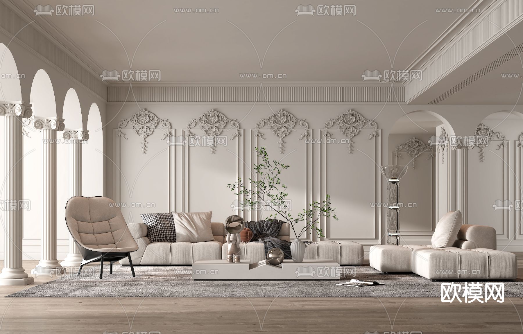 法式布艺沙发组合su模型下载（渲染图1）