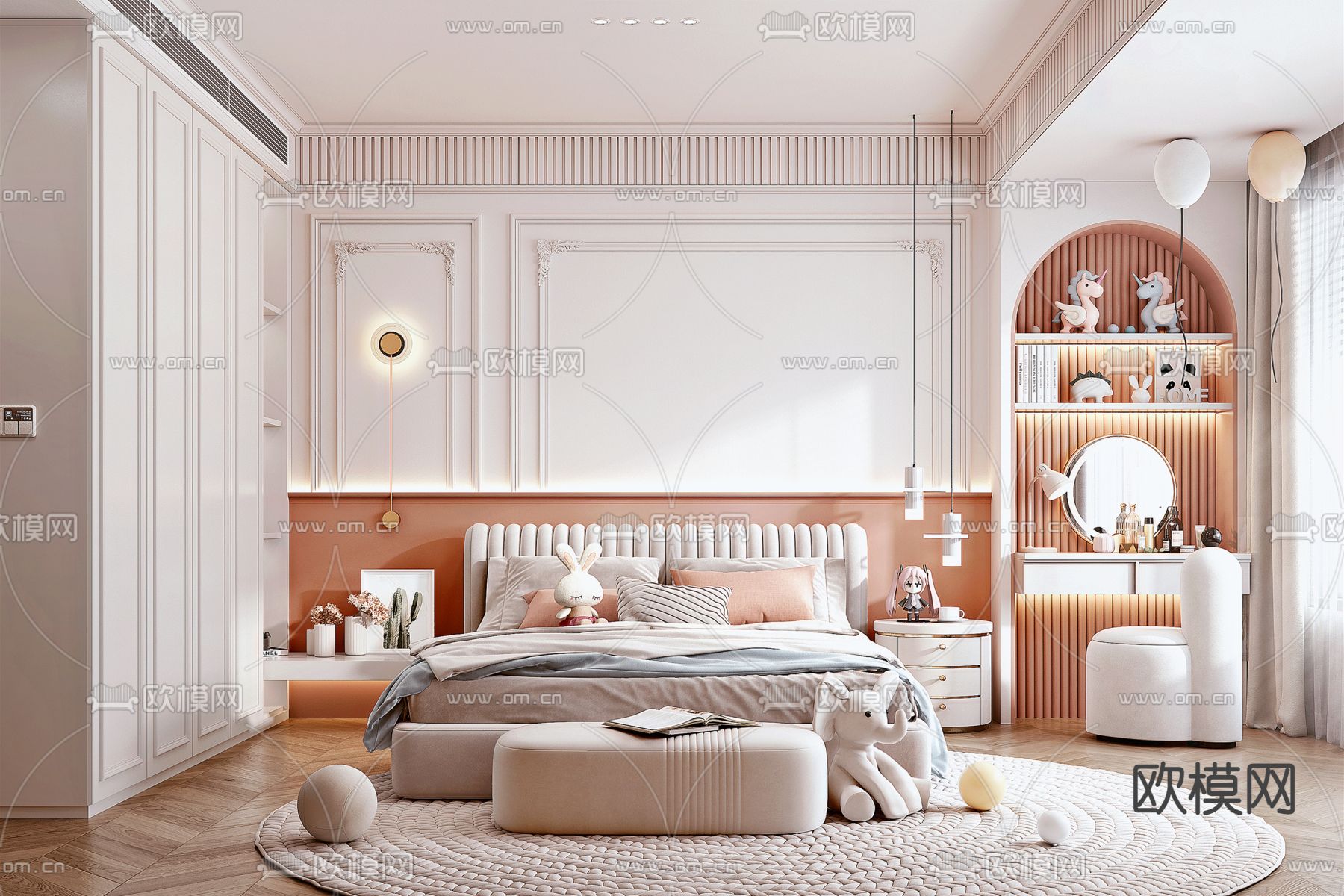 简欧女孩儿童房su模型下载（渲染图1）