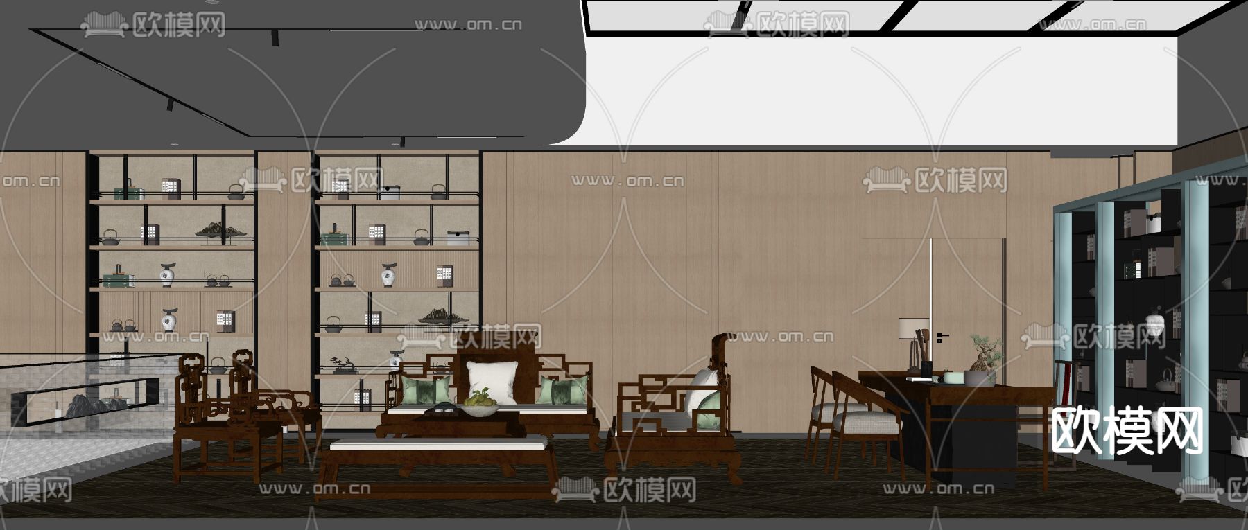 新中式书房su模型下载（渲染图2）