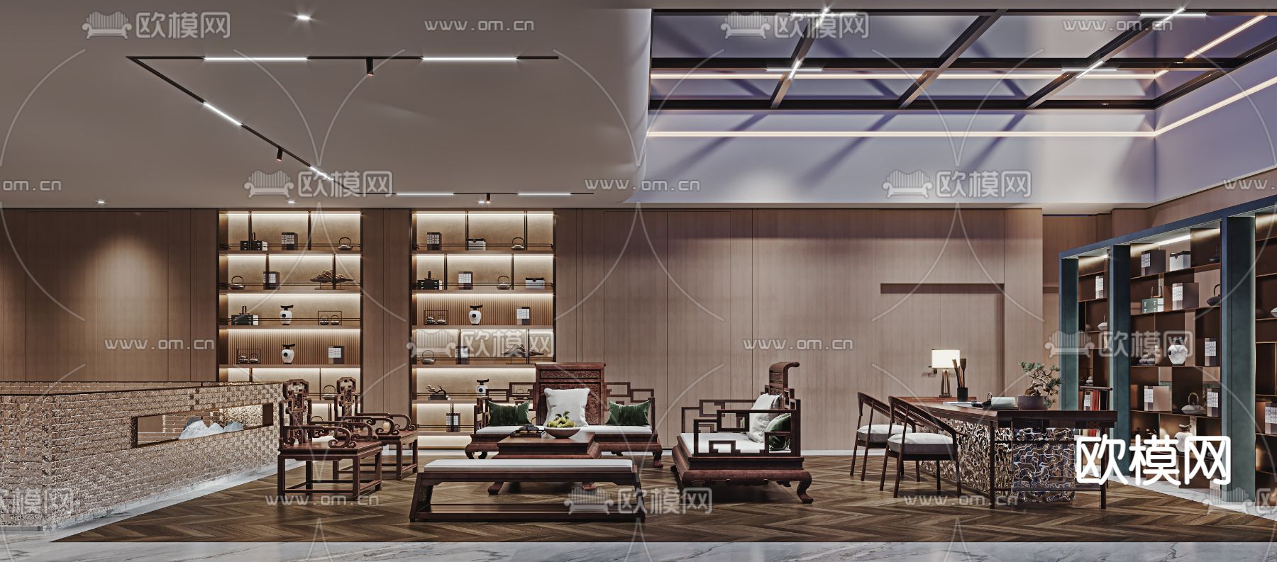 新中式书房su模型下载（渲染图1）