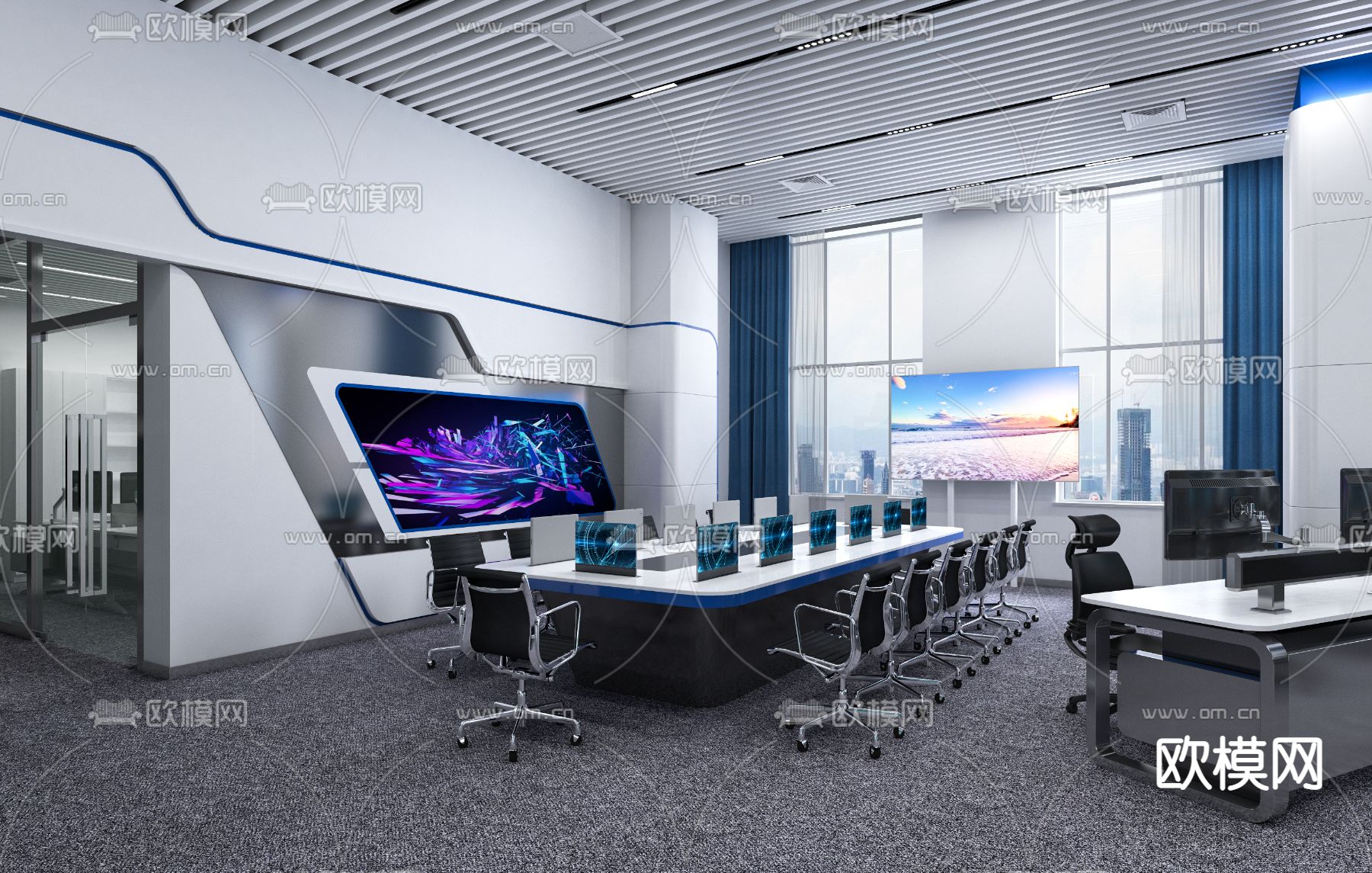 现代监控室指挥中心3d模型下载（渲染图2）
